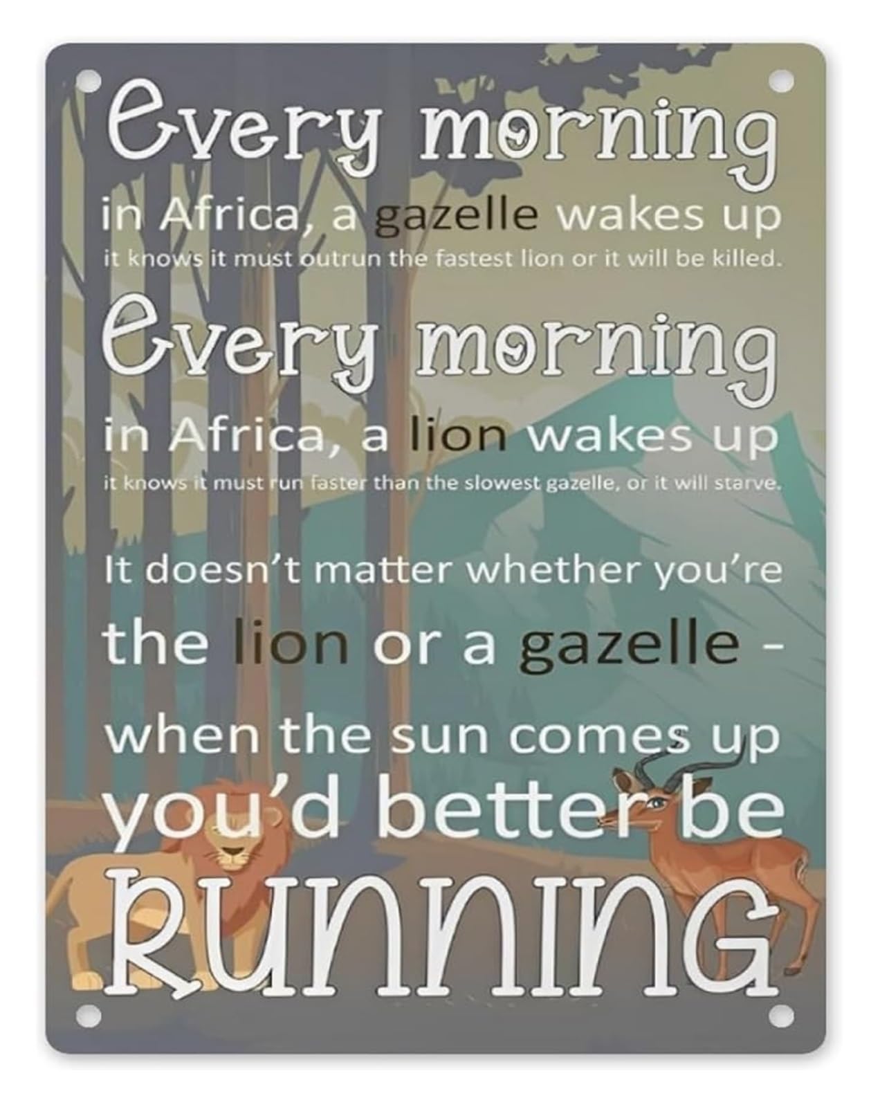 AUOQKQUT Every Dawn a Race Metal Tin Sign 8 X 12 in Lion Gazelle Inspirational Decor for Entryway Hallway