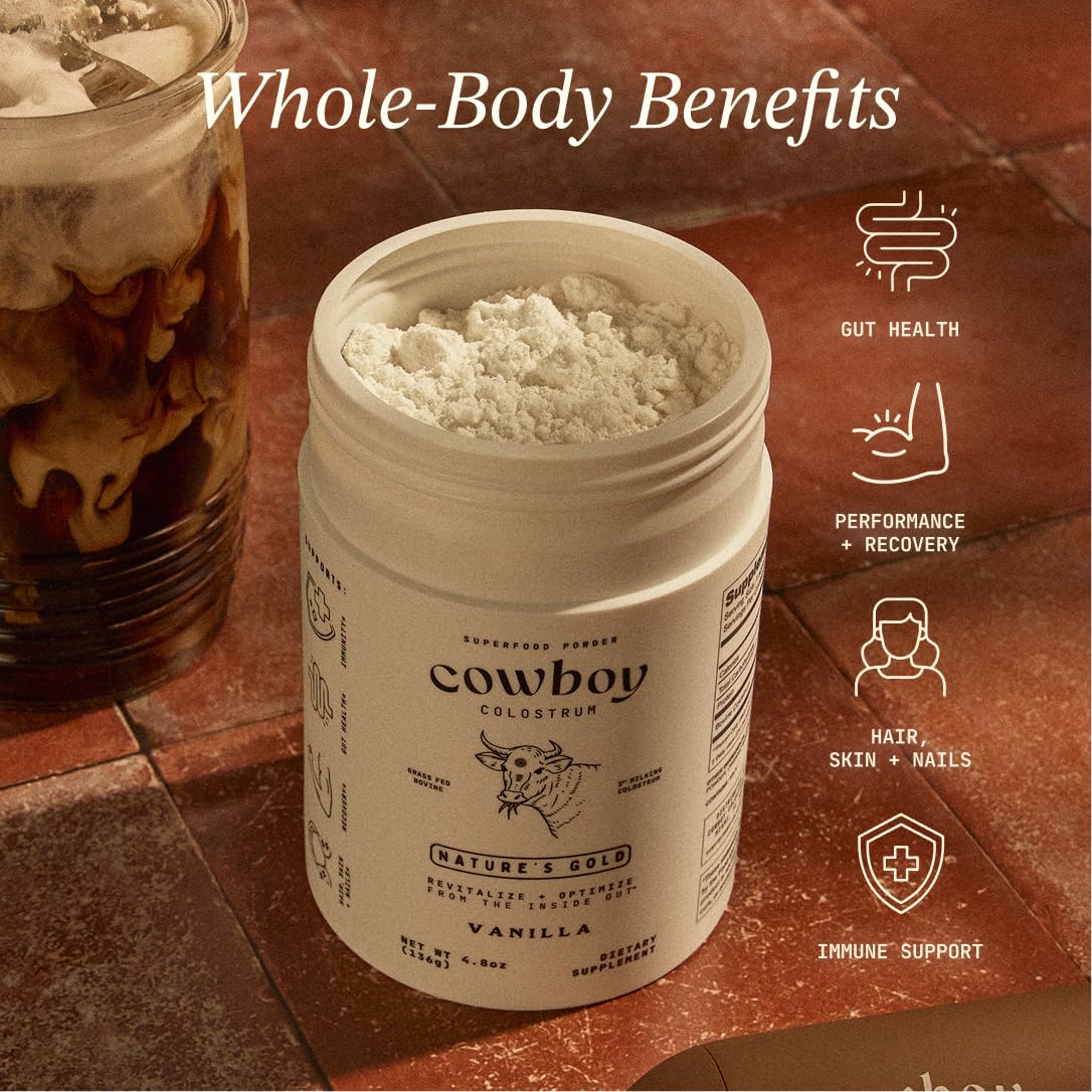 Cowboy - The Exclusive 1st Milking, Whole, Grass Fed Colostrum Supplement for Full Body Health - Bovine Colostrum Powder Packed w/Bioactive Nutrients - Sugar Free (Vanilla, 40 Servings) — Amazon image 4