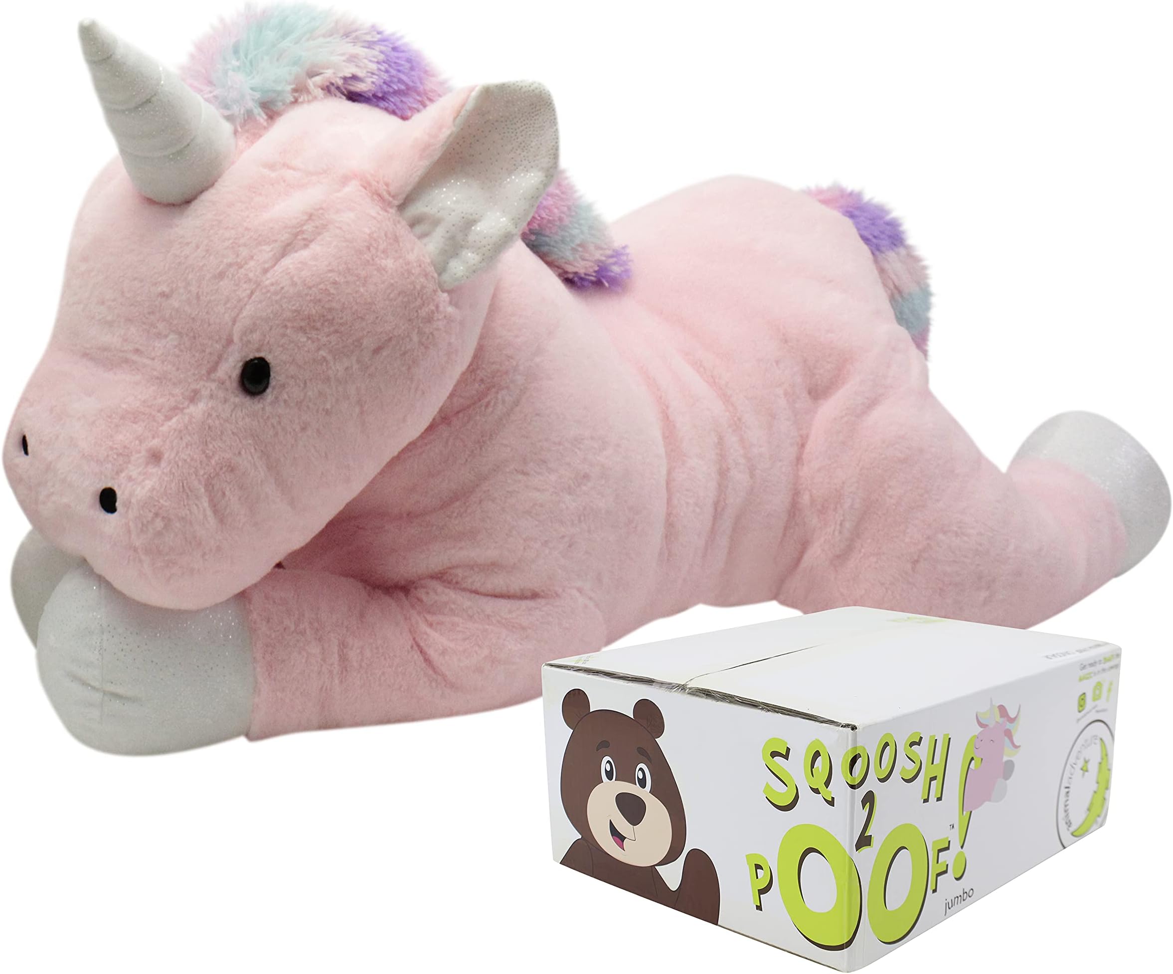 Sqoosh2Poof™| Jumbo Plush Character Compressed Inside Small Box | 44" Unicorn