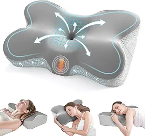 JOLLYVOGUE Cervical Neck Pillow for Pain Relief Memory Foam Side Sleeper Pillow with Cooling Pillowcase, Ergonomic Design for Back Stomach Sleepers, Large, Grey