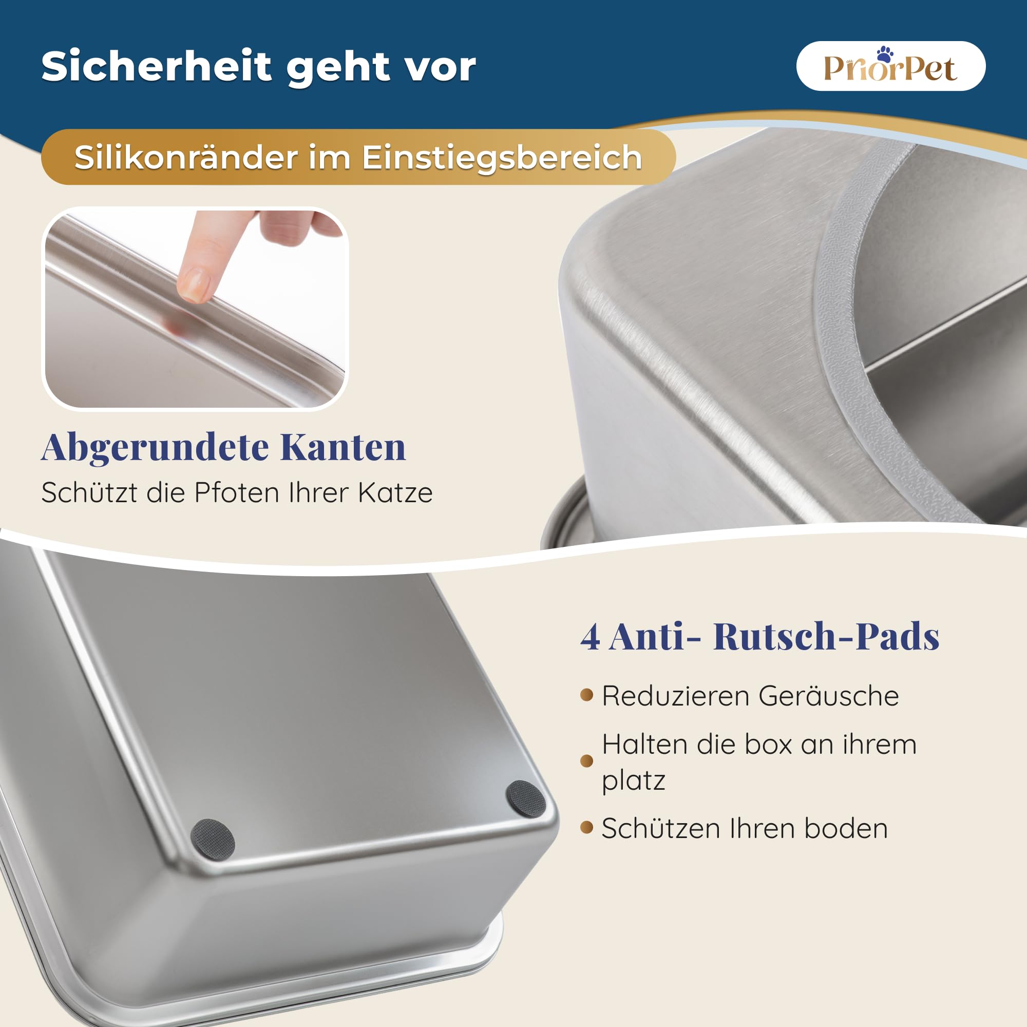 Katzenklo Edelstahl XXL – Leicht zu reinigen, geruchsresistent – Katzentoilette mit hohem Rand, 38L – Auslaufsicher, antihaftbeschichtet – Mit Schaufel & Matte