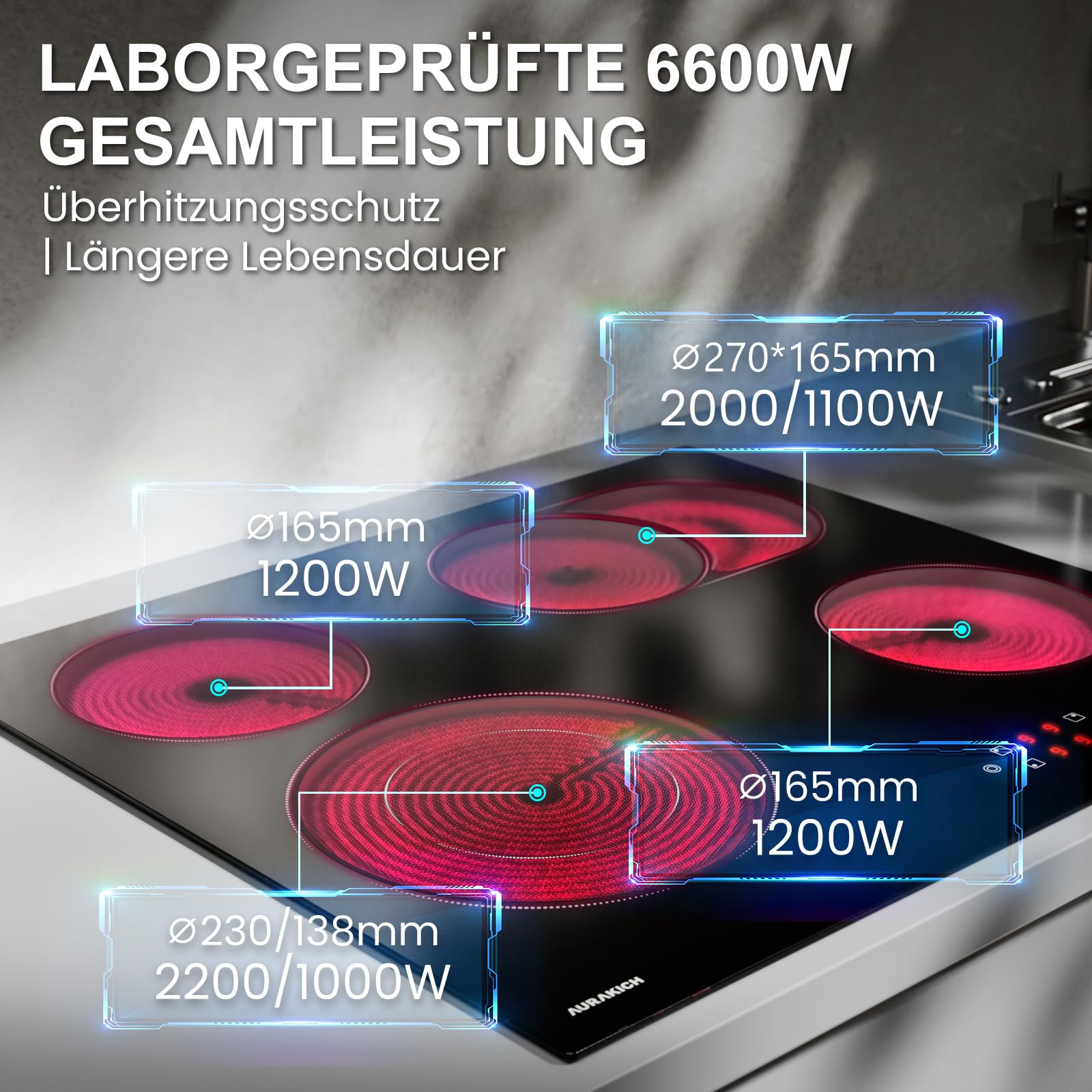 Glaskeramikkochfeld 4 Platten, Einbau-Kochplatte mit Abriebfeste Glaskeramik, 2 Jahre Garantie, 59cm, 6600W Touch, Doppelring- & Ovalzone, Timer 1-99 Min, Kindersicherung, für alle Töpfe