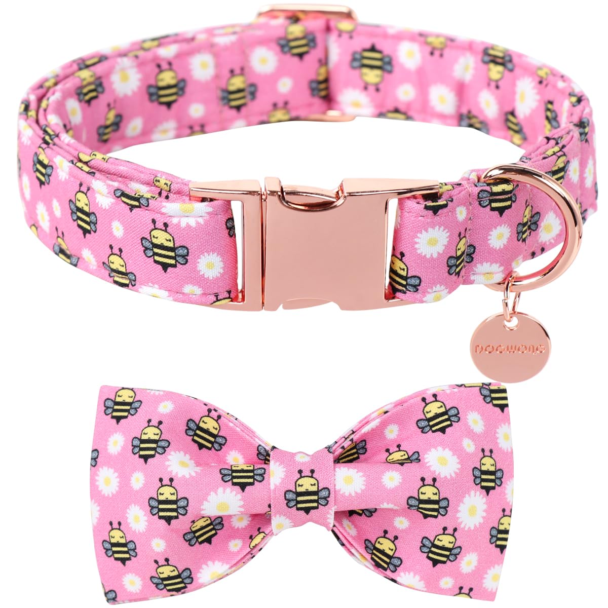 DOGWONG Pink Daisy Dog Collars with Detachable Bow - Summer Adjustable Cotton Dog Collar - Perfect Girl Dog Collar for Small Medium Large Dogs