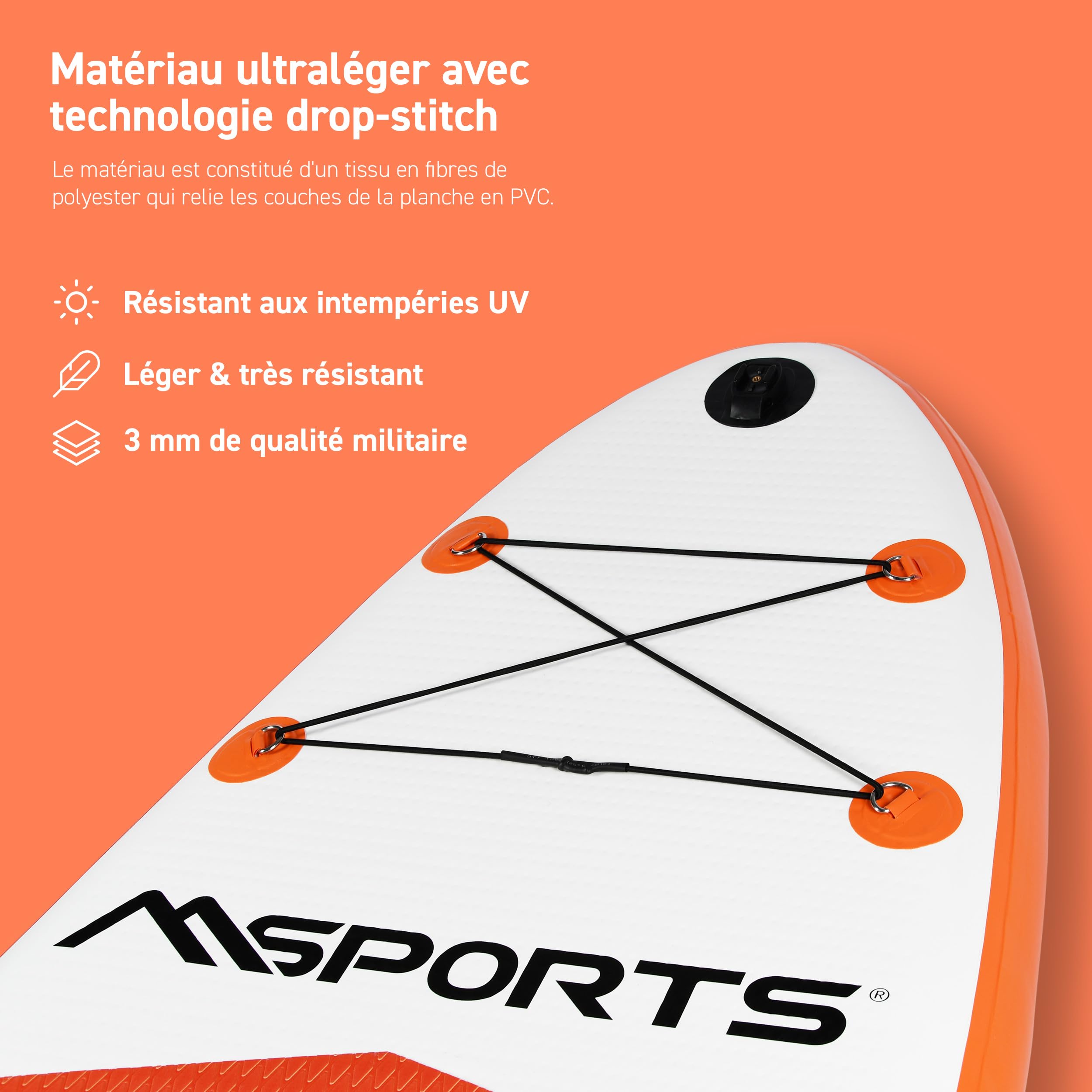 MSPORTS Planche de stand up paddle gonflable complète accessoires pagaie réglable, pompe de haute qualité + 2 bâtons de pagaie + sac étanche pour smartphone + sac multifonction