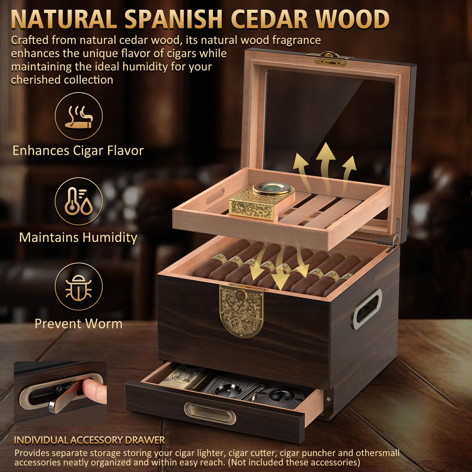Umidificatore per sigari, in legno di cedro, con igrometro digitale, umidificatore regolabile, cassetto per accessori, vassoio in legno, custodia per sigari in vetro (marrone)