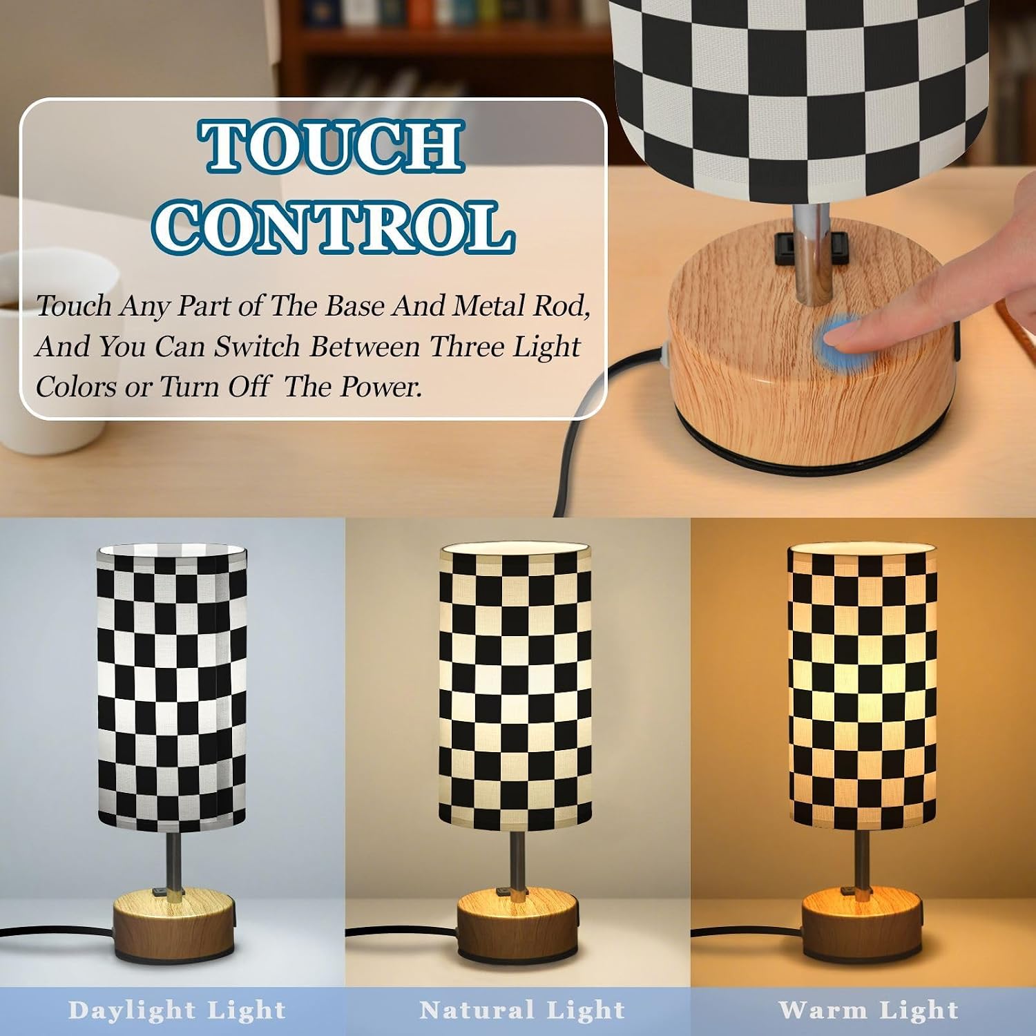 Dimmable Black and White Checkered Table Lamp with 2 USB C Charging Ports & AC Outlet, Touch Lamps for Nightstand Bedside Small Lamp Night Stand Side Light for Bedroom/Desk, 14 in