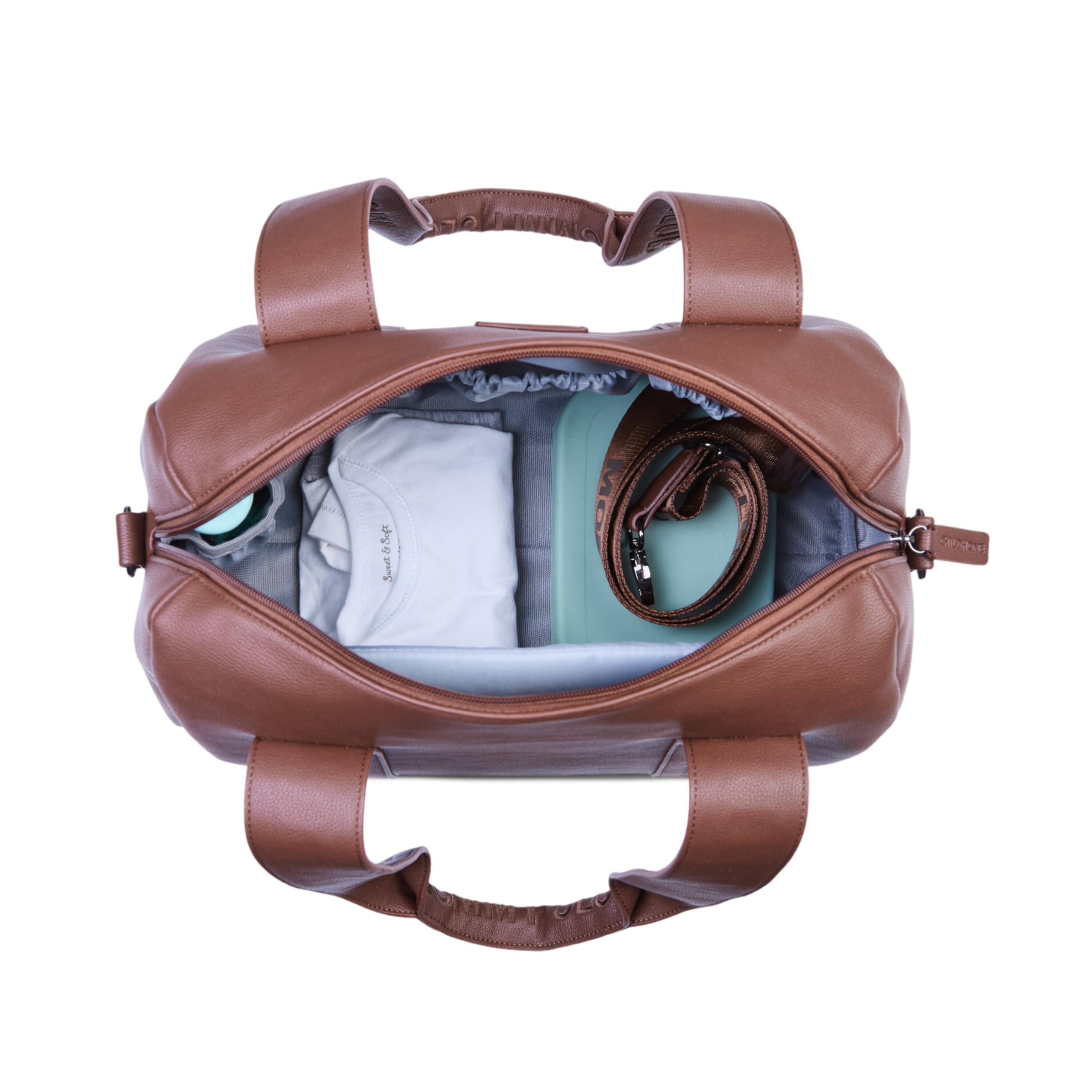 CHILDHOME, Borsa Cambio Per Bambini, Mommy Bag, Fasciatoio Incluso, Numerosi Scomparti, Ganci Per Carrozzina, Cinghia Per Spalla, Pelle Vegana, 22L, Mommy Club Signature, Marrone Scuro