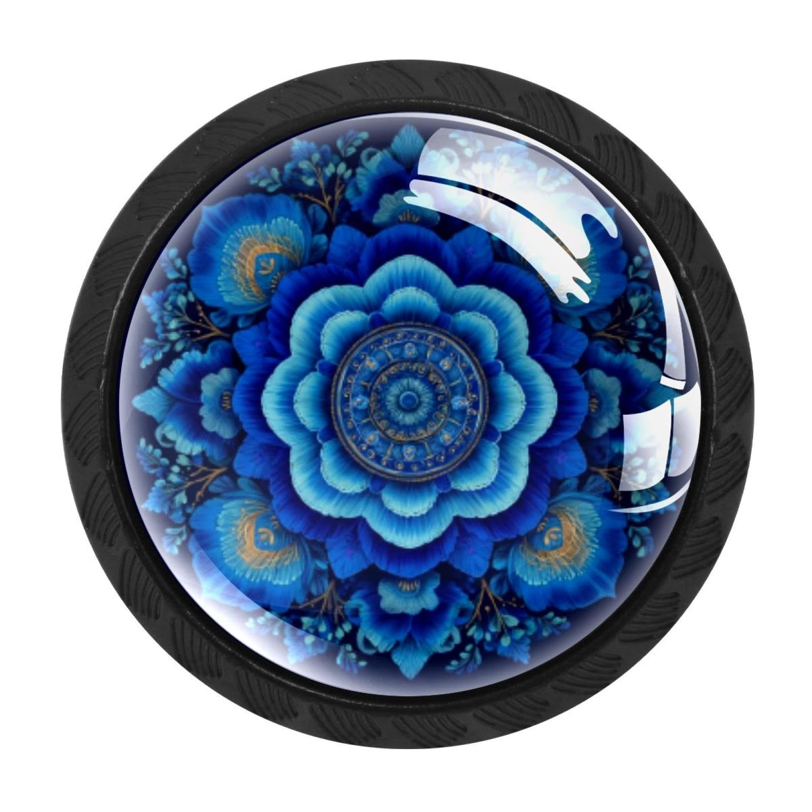 CHENZZZZ 4 Pieces Blue Mandala Floral (3) Drawer Knobs, 35mm Black Cabinet Knobs, Drawer Pulls and Knobs, Dresser Drawer Knobs, Cabinet Hardware Kitchen Cabinet Knobs
