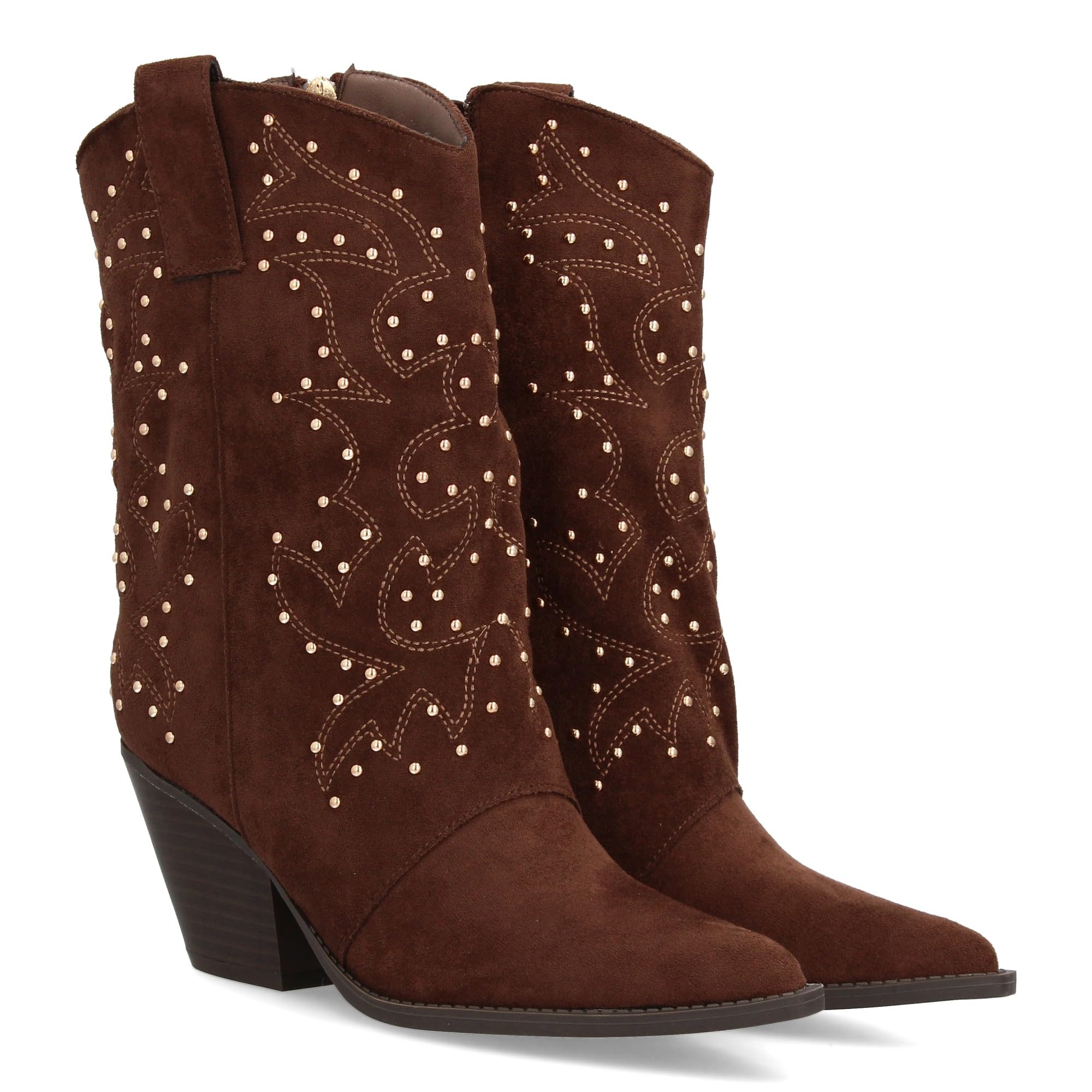 Bota Cowboy para Mujer con Diseno de Cana Media con Tachuelas metalicas. Punta Fina y Tacon Cubano. Tirador Lateral y Cierre de Cremallera. Ideal Otono Invierno.