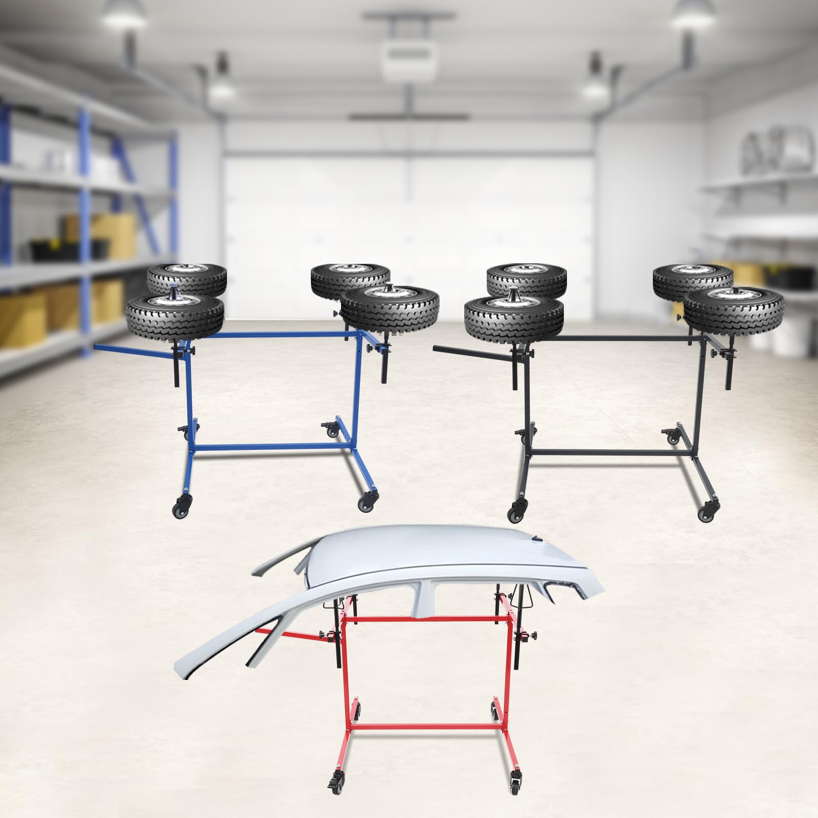 Soporte de pintura profesional para llantas con soportes giratorios 360° y 4 ruedas universales, soporte para 4 llantas (azul)