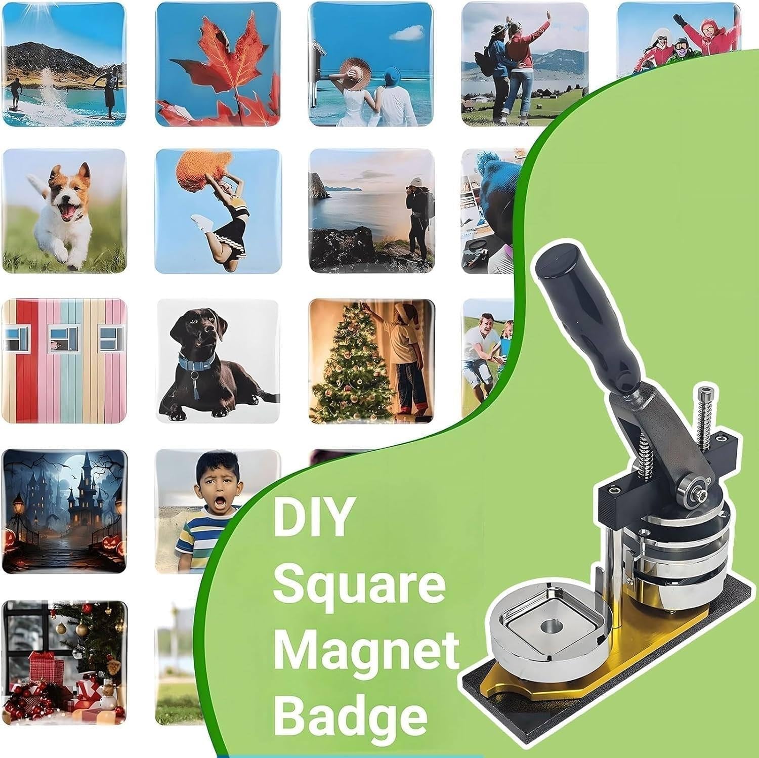 Photo Magnet Maker Machine, DIY Badge Press, 50 X 50mm Square Fridge Magnet Button Badge Making + Paper Cutter + 100pcs Consumables, for Decorating Refrigerators