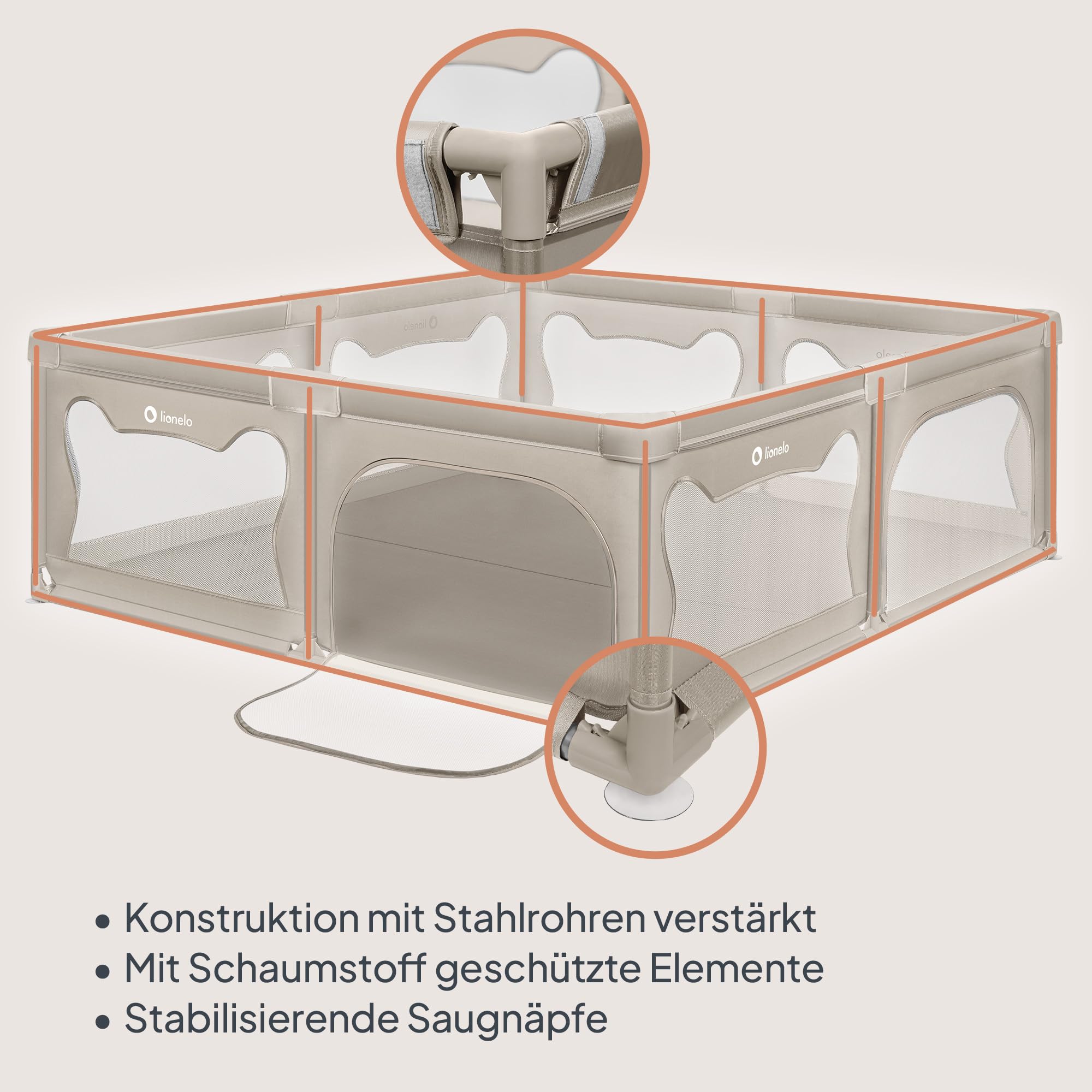 LIONELO WILLOW XL Laufgitter Baby, große Fläche 187x207x68 cm, atmungsaktiver Netzstoff, 2 seitliche Eingänge mit Reißverschluss