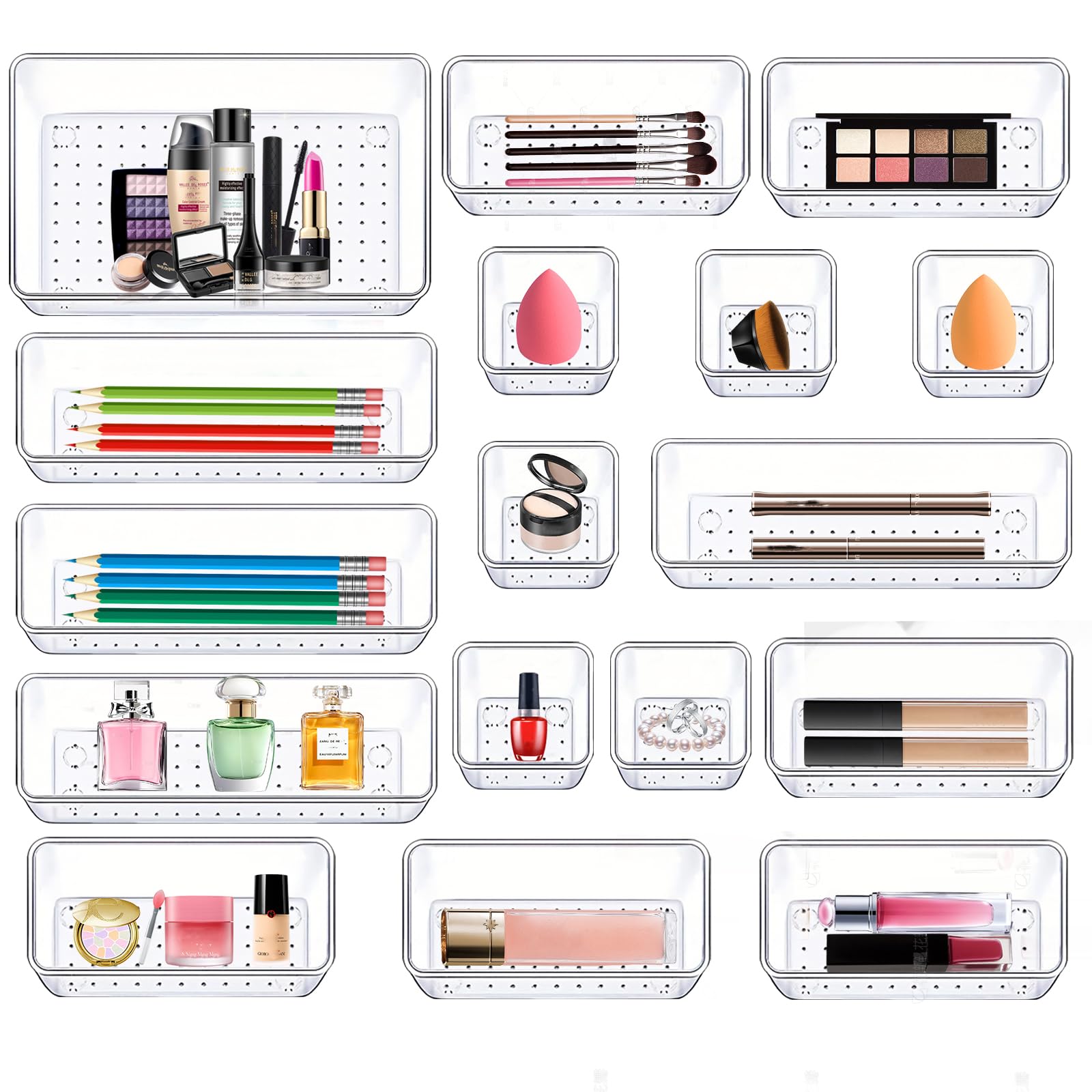17 Piezas Organizadores de Cajones de Plástico Transparente, Organizador de Maquillaje 4 Tamaños, Drawer Organizer, Organizador Cajones Escritorio para Maquillaje, Baño, Oficina, Cocina, Tocador