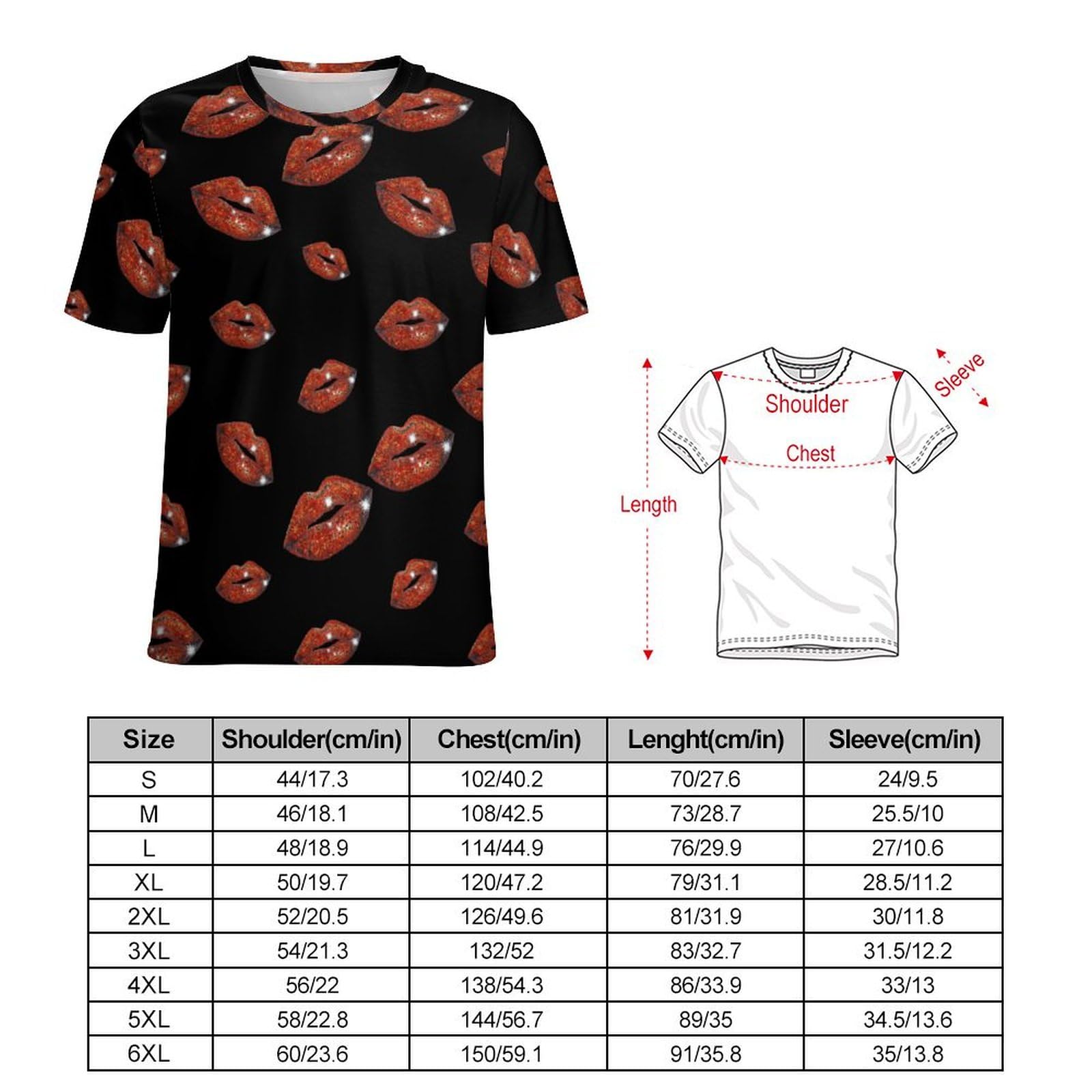Red Sequin Lip Unisex Adult T-Shirts Summer Short Sleeve Tee Casual Tops Funny Graphic L