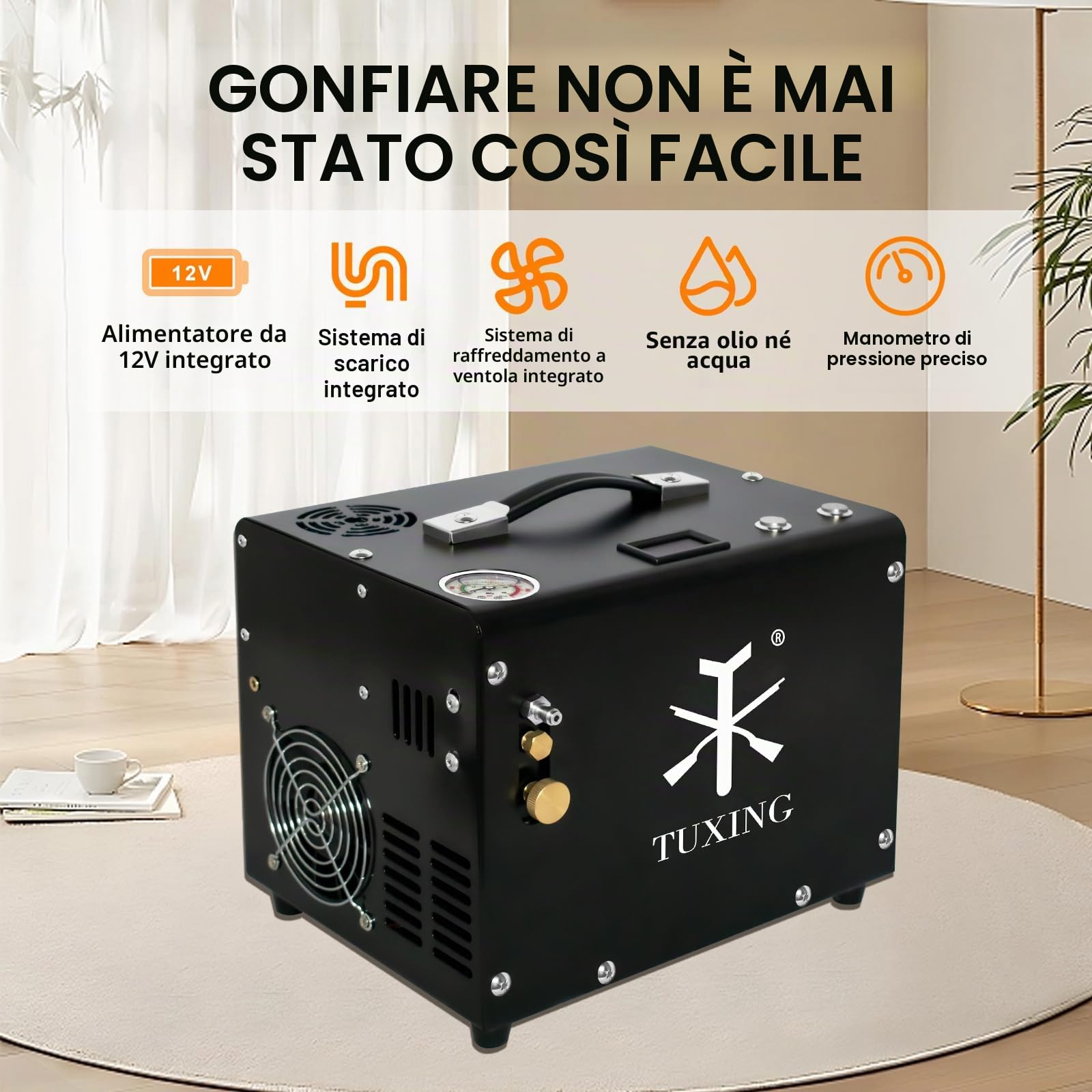 Compressore d'aria TUXING 300Bar Pcp, senza olio/acqua, trasformatore/sistema di scarico integrato, pompa per fucili ad aria compressa PCP e pistole ad aria compressa