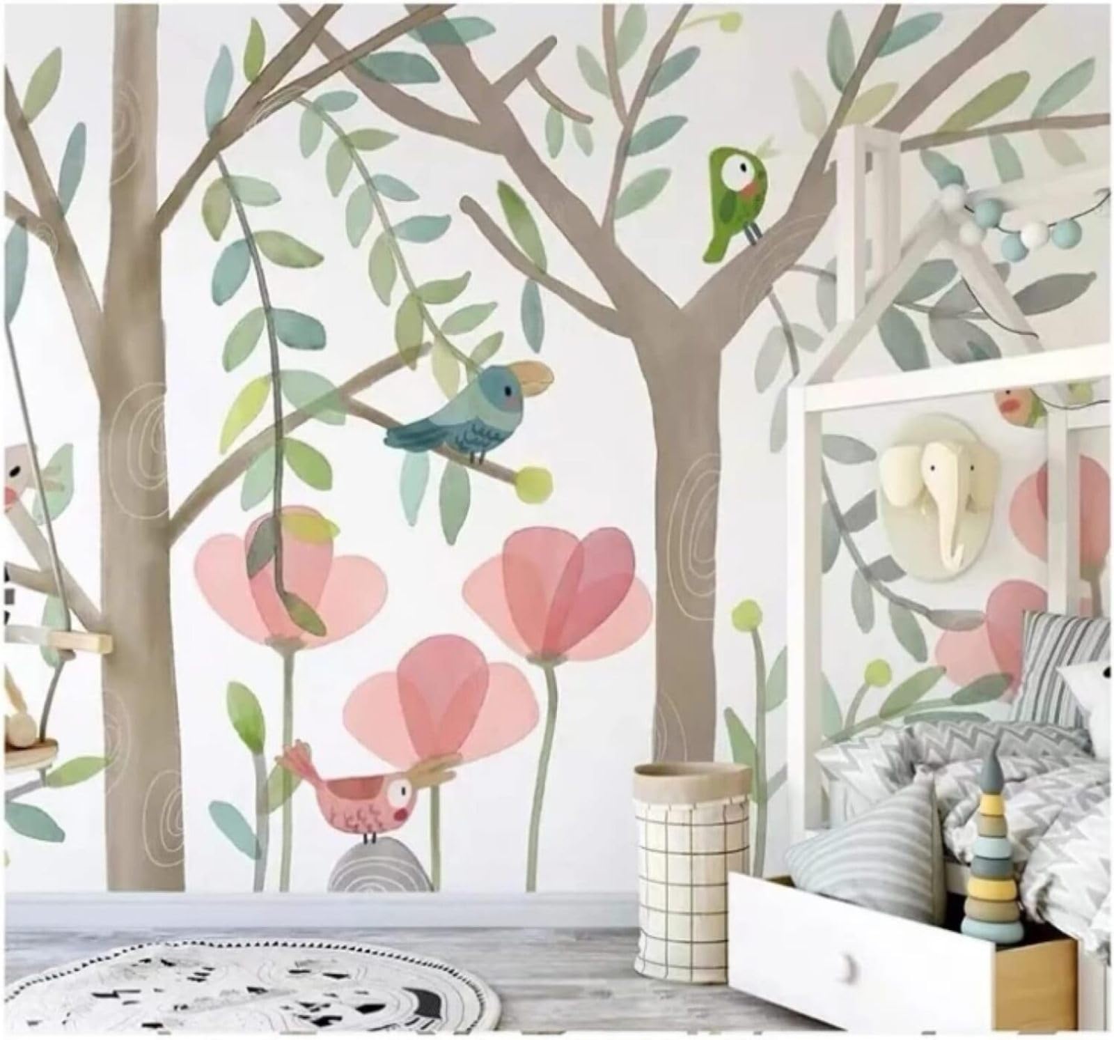 XLMING Cartoon Forest Little Bird Pink Flowers 3D Wallpaper Luxury Silk Study Dining Feature Sofa Grey Bedroom Living Room Tv Decorative Wall-300cm×210cm