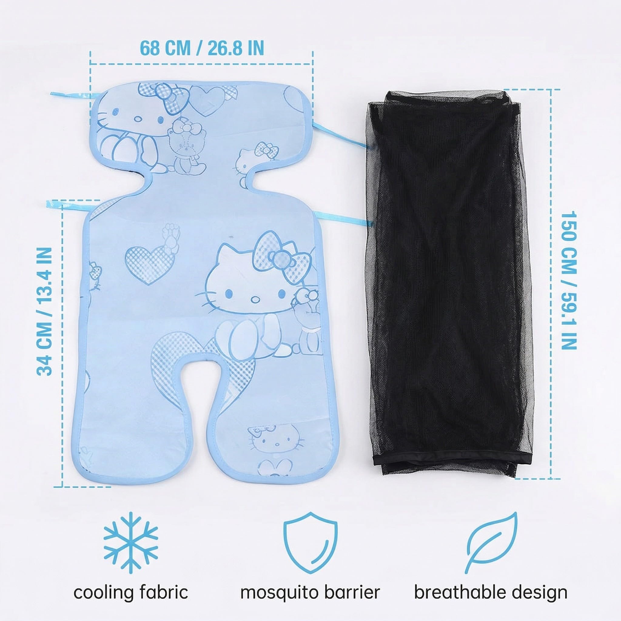 2 Pezzi, Set Zanzariera e Copertina Rinfrescante per Passeggino, Rete Antizanzare e Federa in Tulle di Cotone e Seta Ghiacciata, Ideale per Neonati in Estate, Nero e Blu Ghiaccio