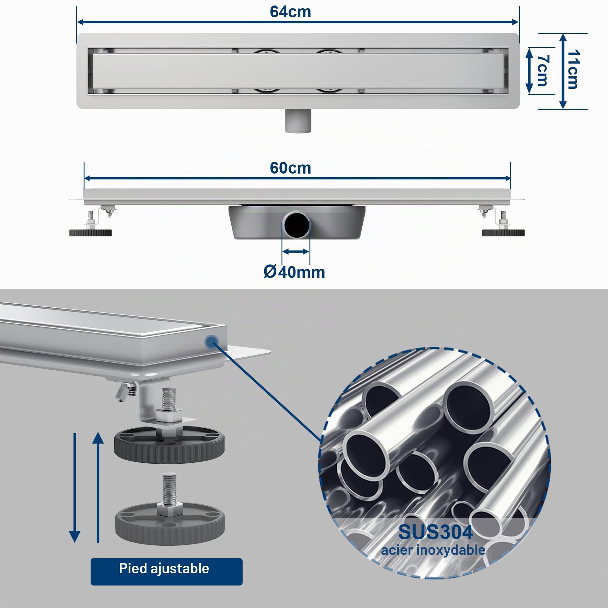 Neodrain Caniveau de douche 60 cm en acier inoxydable plat avec 2 canalisations, siphon à 360° avec siphon et filtre à cheveux