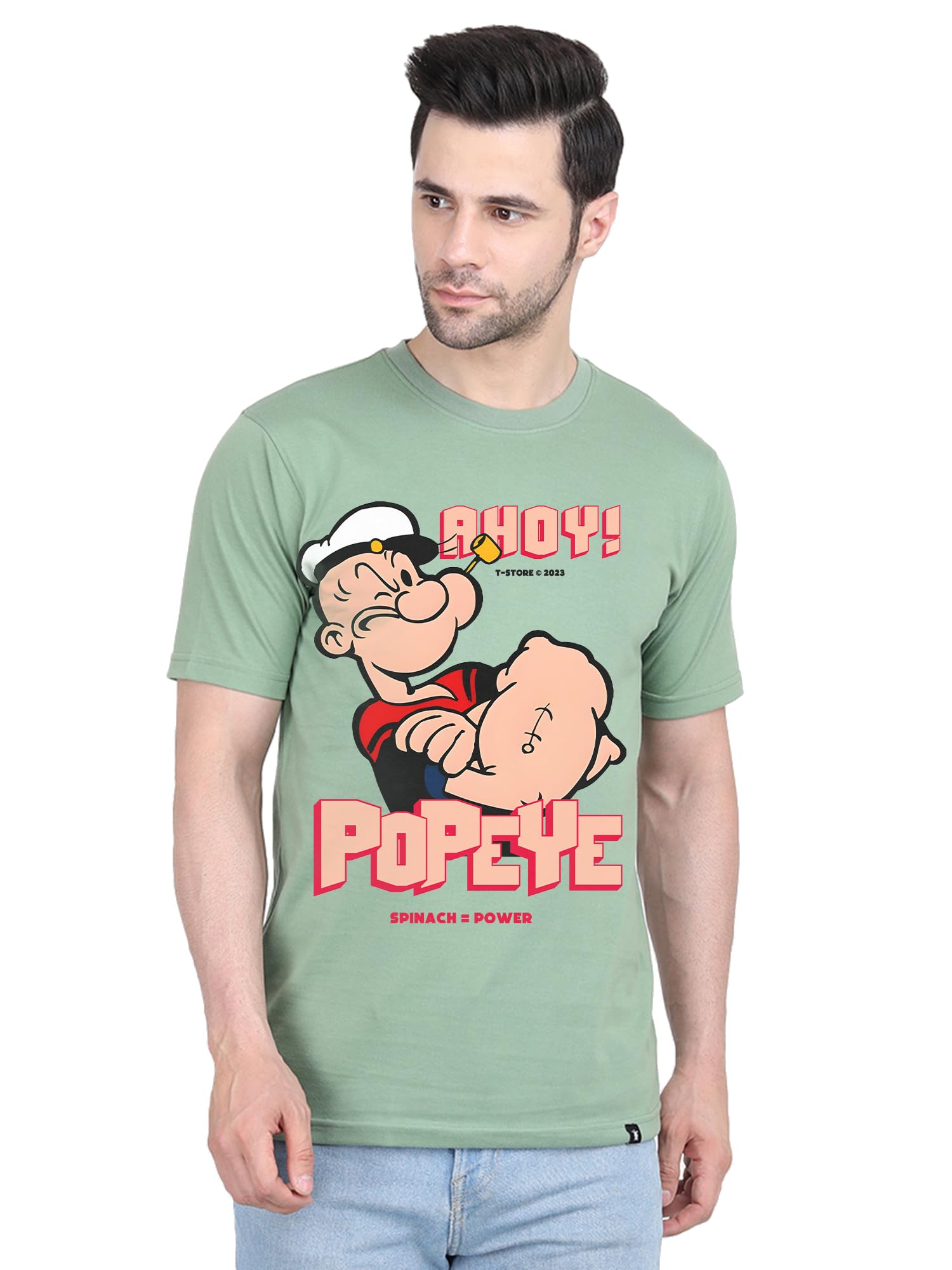 T-Store Men's Popeye Printed 100% Cotton Regular Fit T-Shirt Round Neck | Half Sleeves | Graphic Printed Tees for Boys