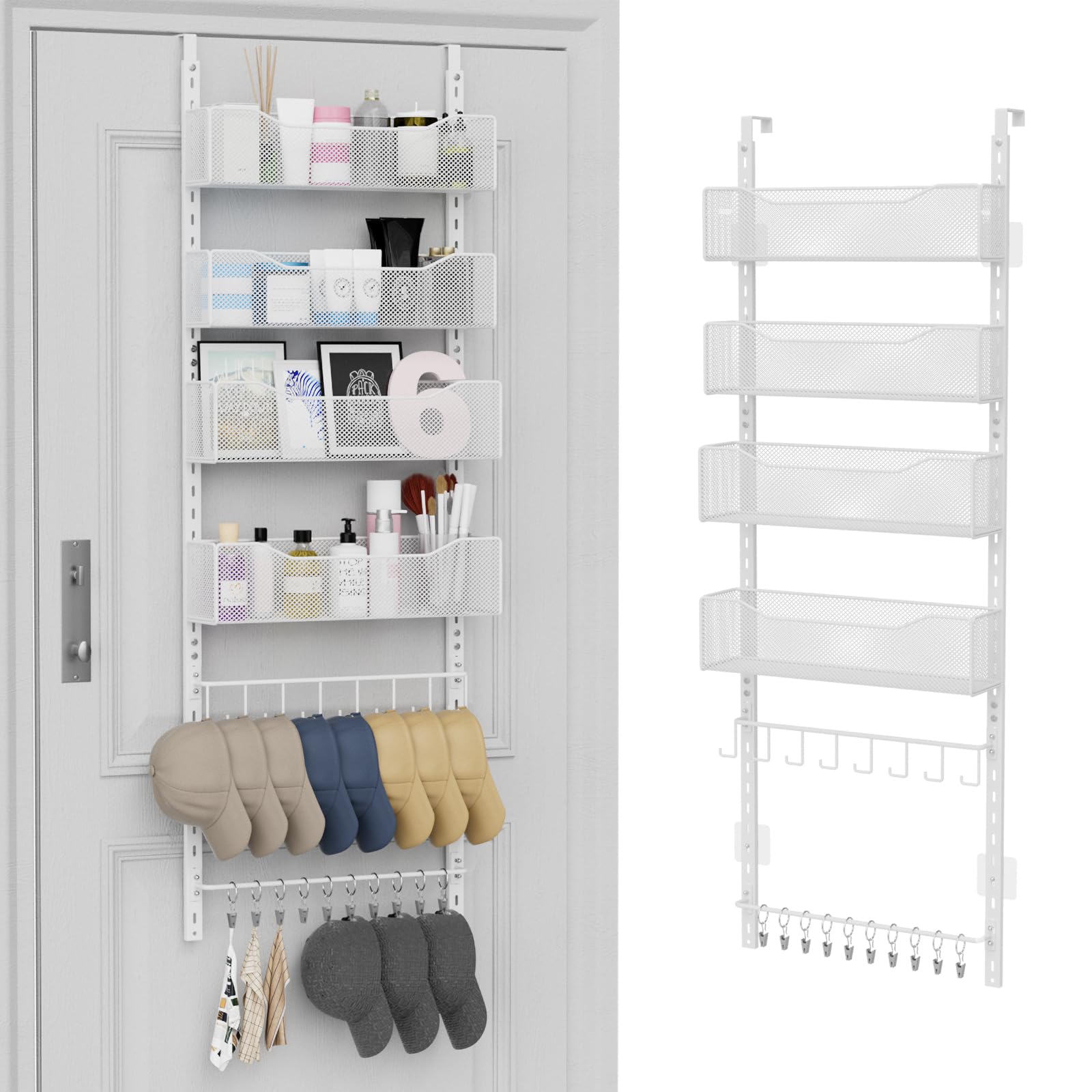 Über-der-Tür-Organizer, 2-in-1-Kleiderschrank-Organizer und Hutablage aus Metall mit 4 Verstellbaren Körben, 8 Haken, 10 Clips, Aufbewahrung hinter der Tür für Schlafzimmer, Badezimmer (weiß)