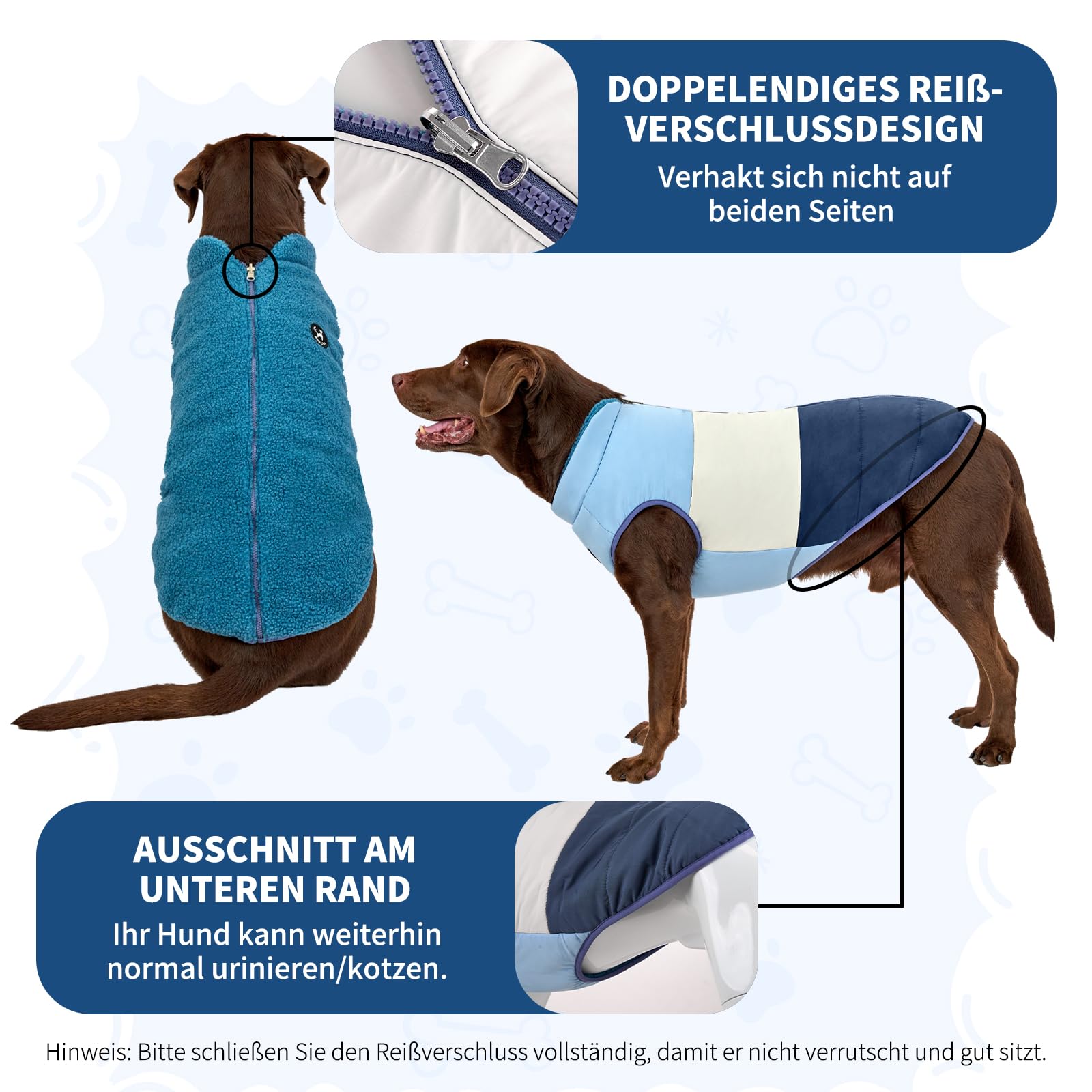 Arblina Hundemantel, Wasserdichter Wintermantel Hund mit Fleece-Futterung für Mittelgroße & Große Hunde, Zweiseitig Tragbarer Winterjacke Hund mit ReißVerschluss, Blau, XL