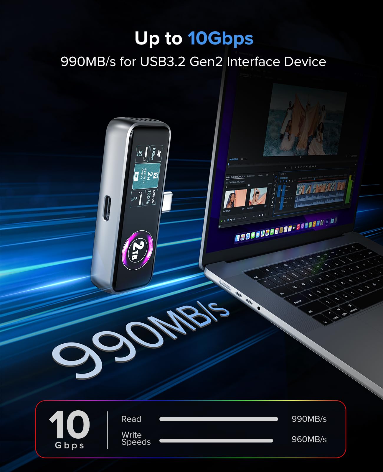 ZIKE Z791C Magnetic Portable SSD 2 TB, Externer SSD-eingebauter Lüfter, 4K 120fps ProRes-Videoaufnahme, USB3.2 Gen2 bis zu 990MB/s, Unterstützt PD3.0-Port 27W Laden Kompatibel mit iPhone 17/16/15