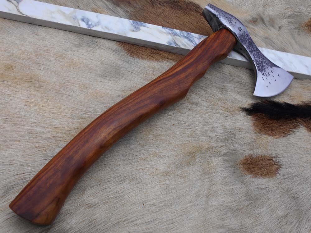 Damascus Depot Camper Axe, 14 Inches Long Hand Forged Carbon Steel with Rose Wood Round Handle Bearded Hiking Battle Axe, Thick Cow Hide Leather Sheath