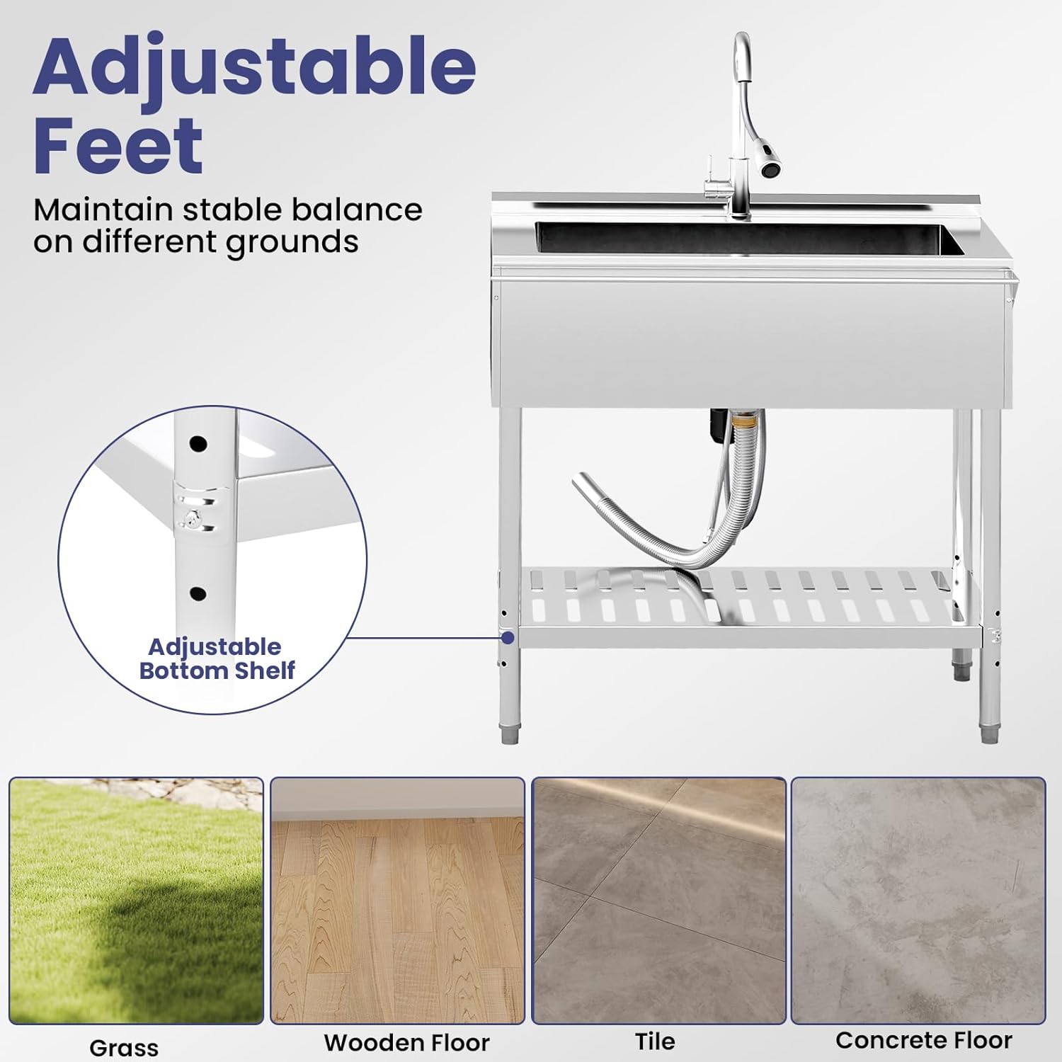 Adjustable feet of the utility sink on different surfaces