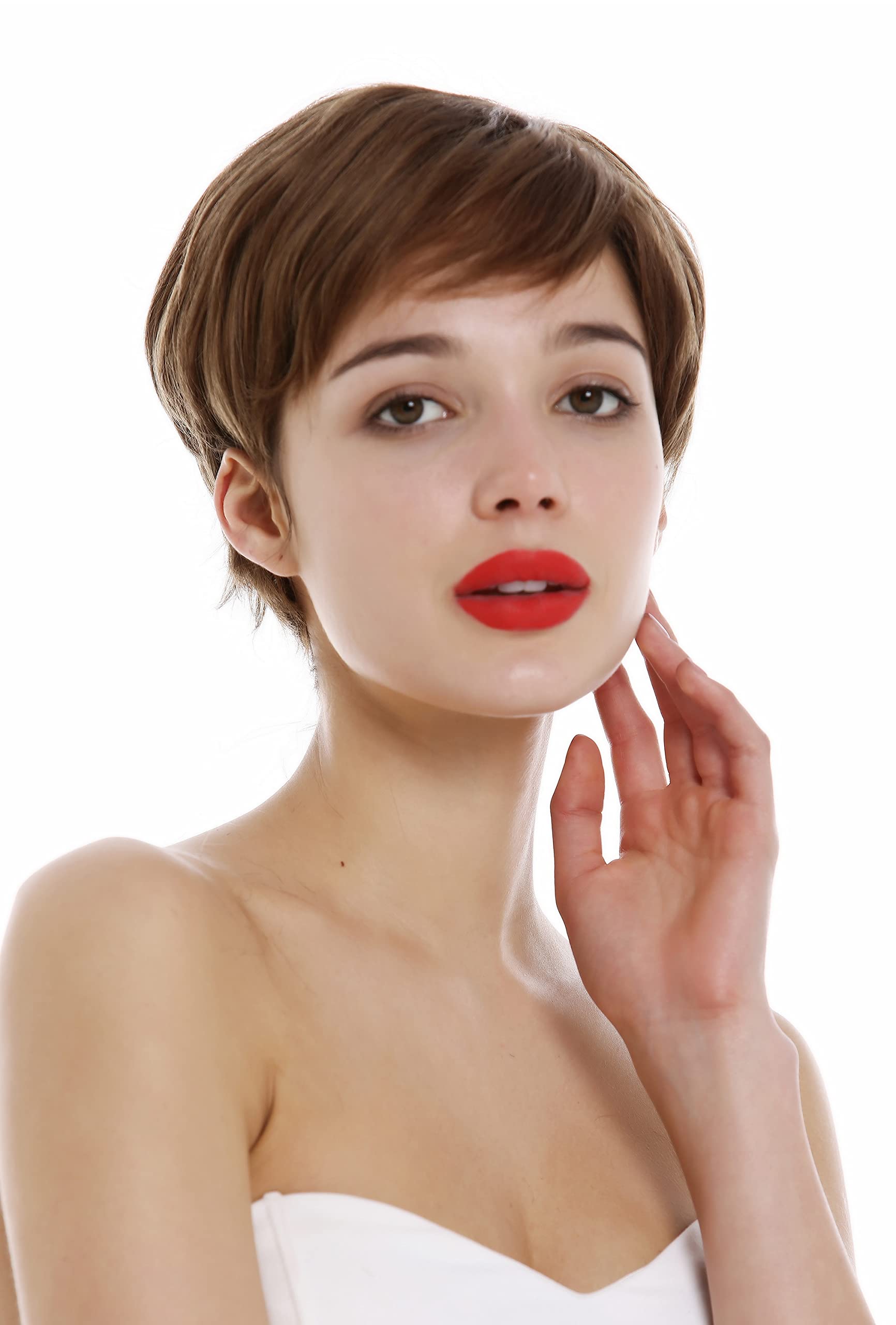 WIG ME UP-DP-HH-10 Parrucca Capelli veri Donna Uomo Corta Pixie cut Ondulata Riga Castano