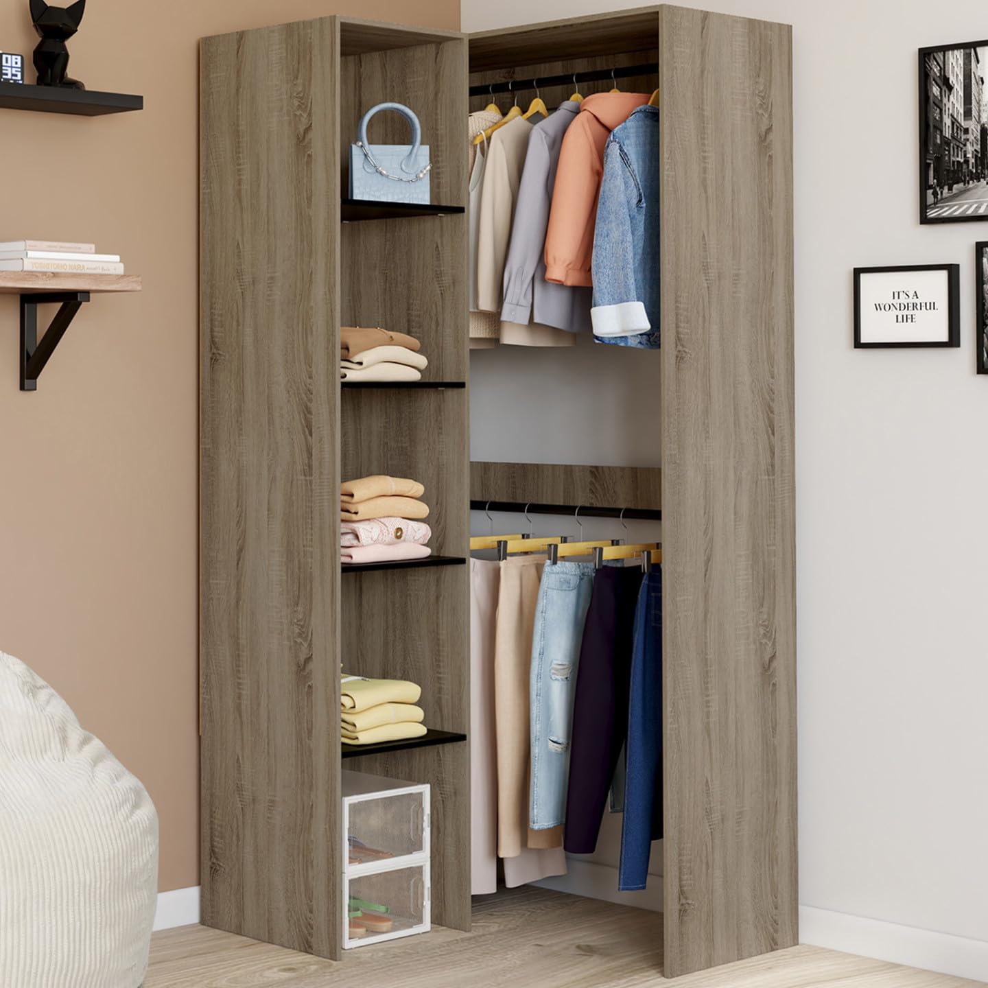 IDMarket - Dressing d'angle modulable L. 90/127 cm MELMAN double penderie + étagères bois et noir