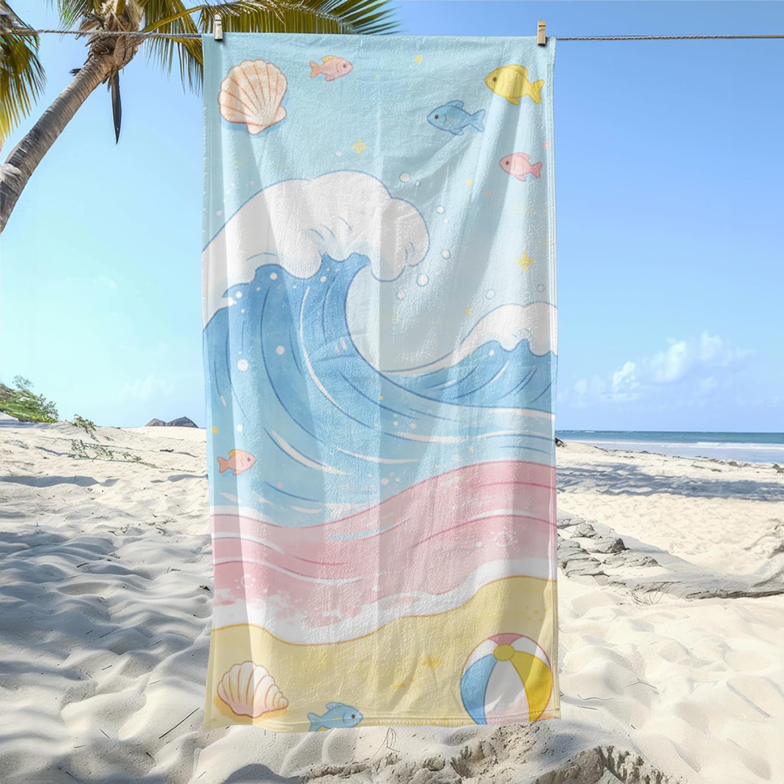 Fouta PlagePlage Jaune Bleu Vagues Modèle Surdimensionné avec Diverses Tailles, Respirante et Portable, Parfaite pour Voyages Sorties Piscine et Usage Extérieur Quotidien 90x160 cm