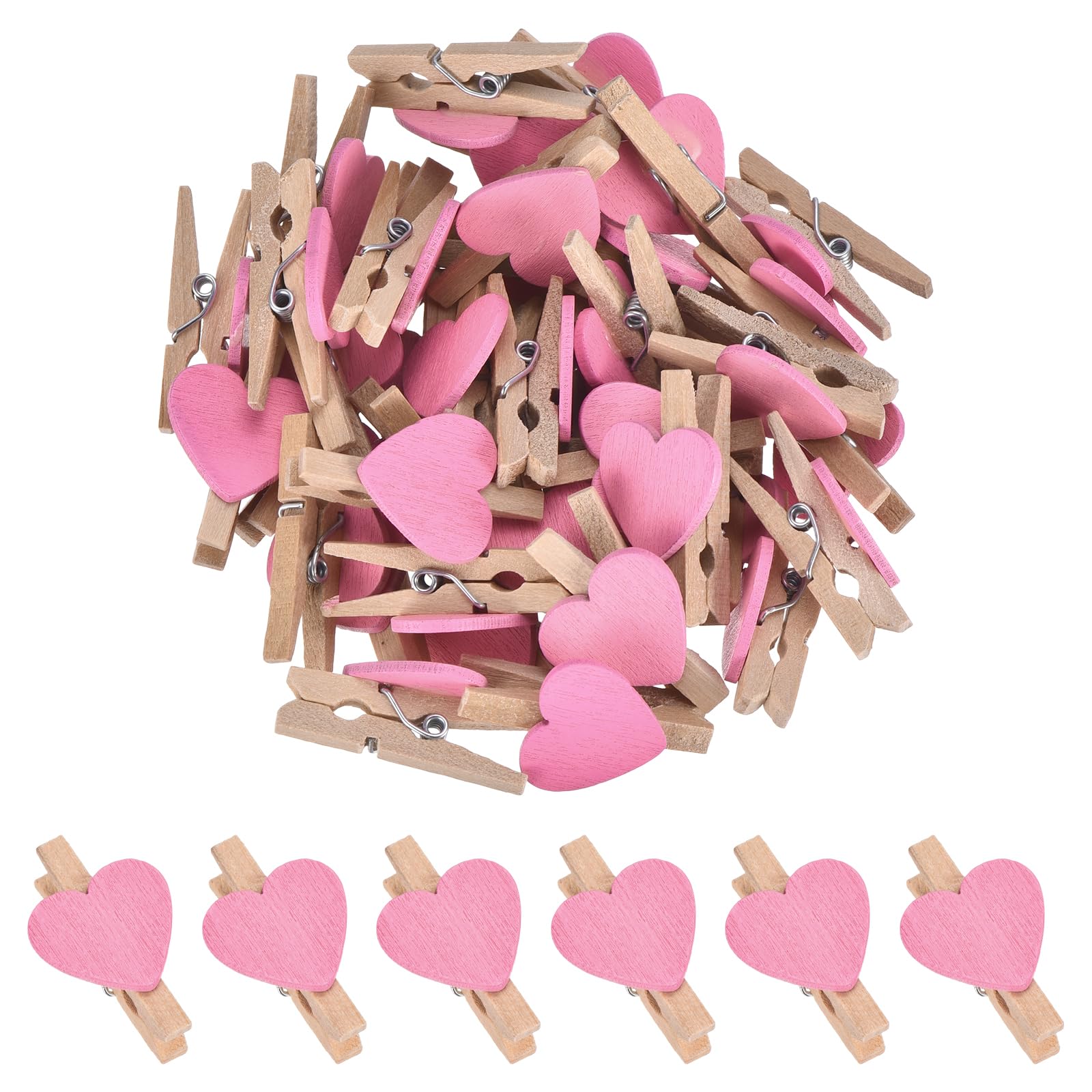 sourcing map 50Pcs Mini Heart Photo Clips, 3cm Wooden Clothespins for Pictures Small Clothes Pins for Hanging Memo Card DIY Crafts Paper Photo Postcard Wedding Display, Pink