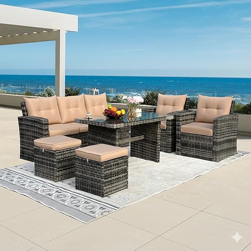 6 Pieces Patio Furniture Set - All-Weather Outdoor Wicker Sectional Conversation Sofa, Rattan Patio Seating Sofa Set with 4'' Cushion and Glass Table for Porch Poolside, Brown