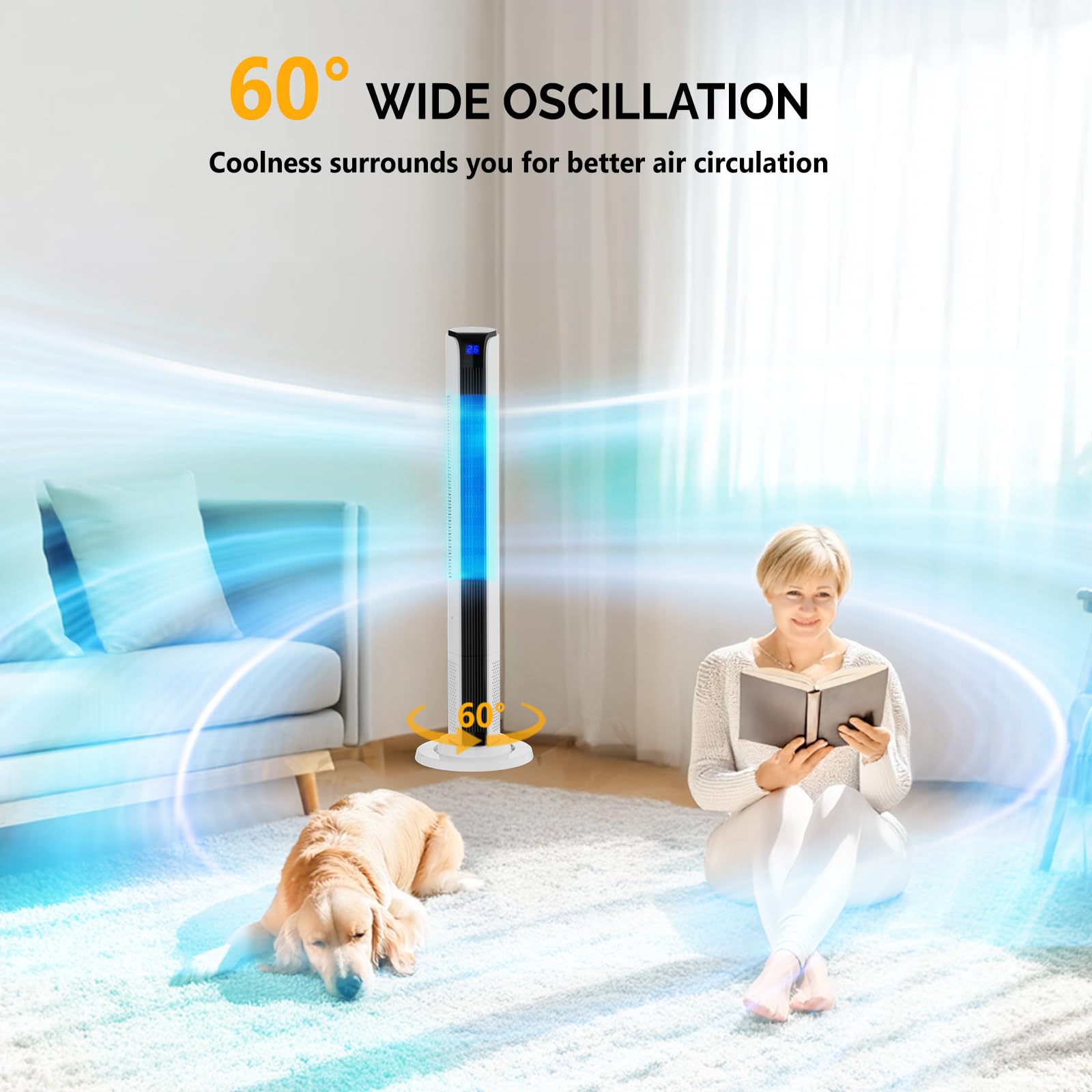 ROVSUN Ventilatore a Torre Silenzioso 40 dB, Potente 7.6 m/s, Ventilatore Colonna con Telecomando, 3 Velocità, 3 Modalità, Oscillazione 60°, Timer 12 H, Electric Fan 65 W