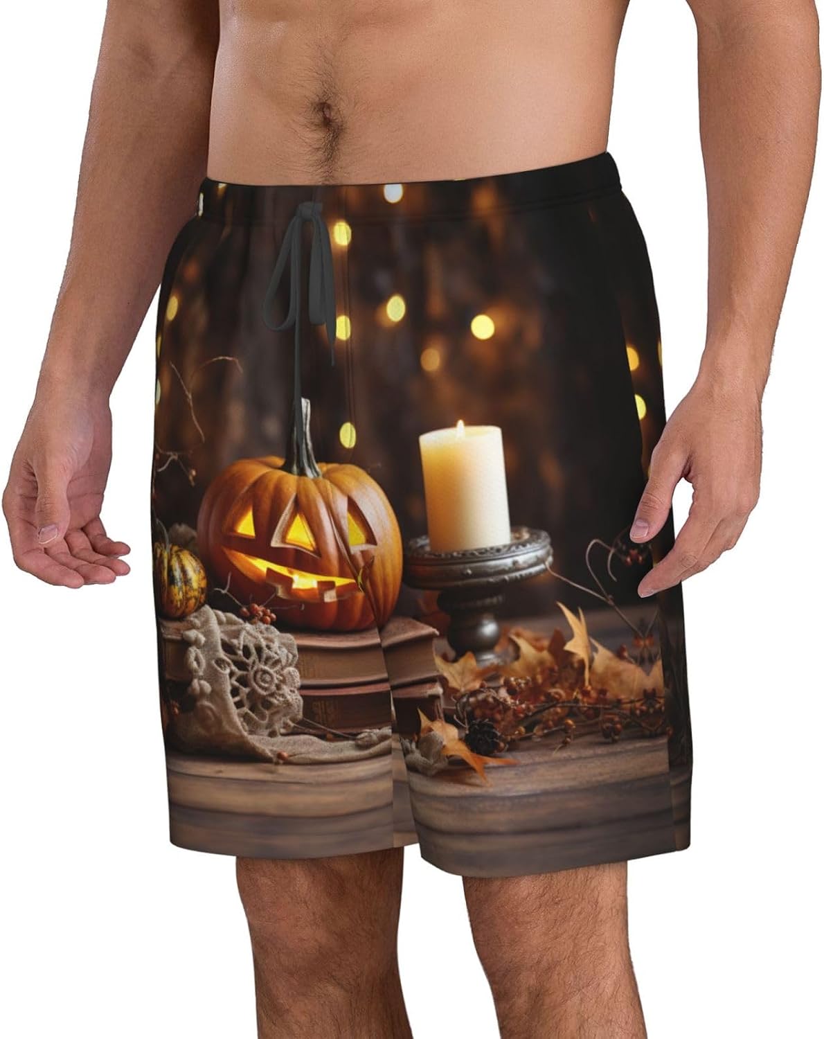 Halloween Pumpkin Print Mens Casual Shorts Drawstring Summer Beach Stretch Shorts Novelty Swimtrunks White