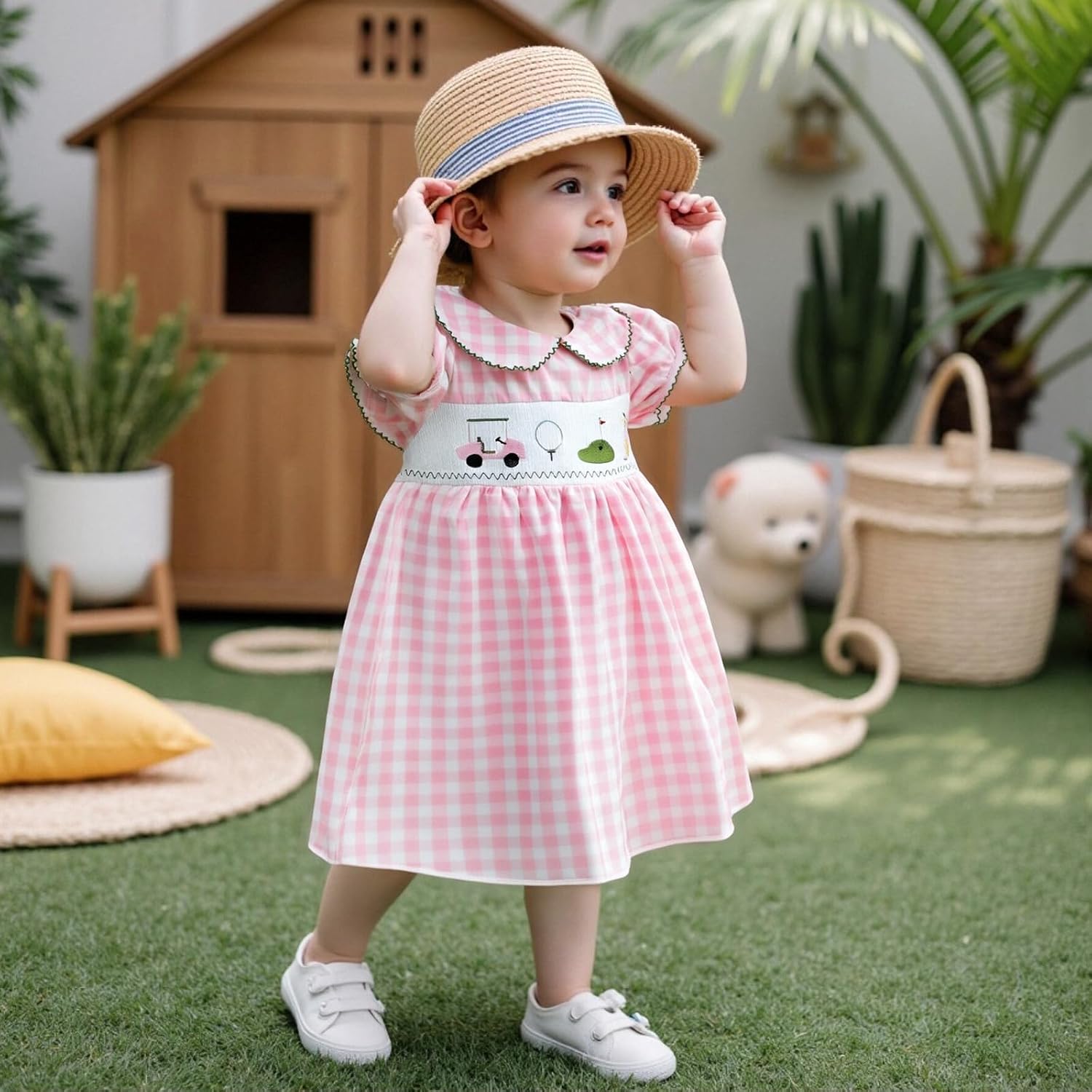 Kids Girls Golf Outfit Toddler Girl Smocked Golf Dress Puff Short Sleeve Summer Pink Gingham Athletic Dresses