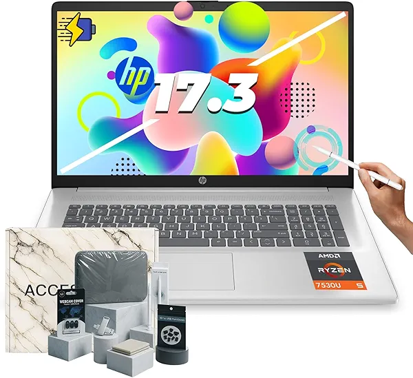 HP 17.3-inch Flagship Touchscreen Laptop - Win 11 Pro • AI-Powered Copilot • AMD R5-7530U • 17.3" HD+ BrightView Display • Wi-Fi 6, w/Laptop Computer Accessories (64G RAM, 2TB SSD)