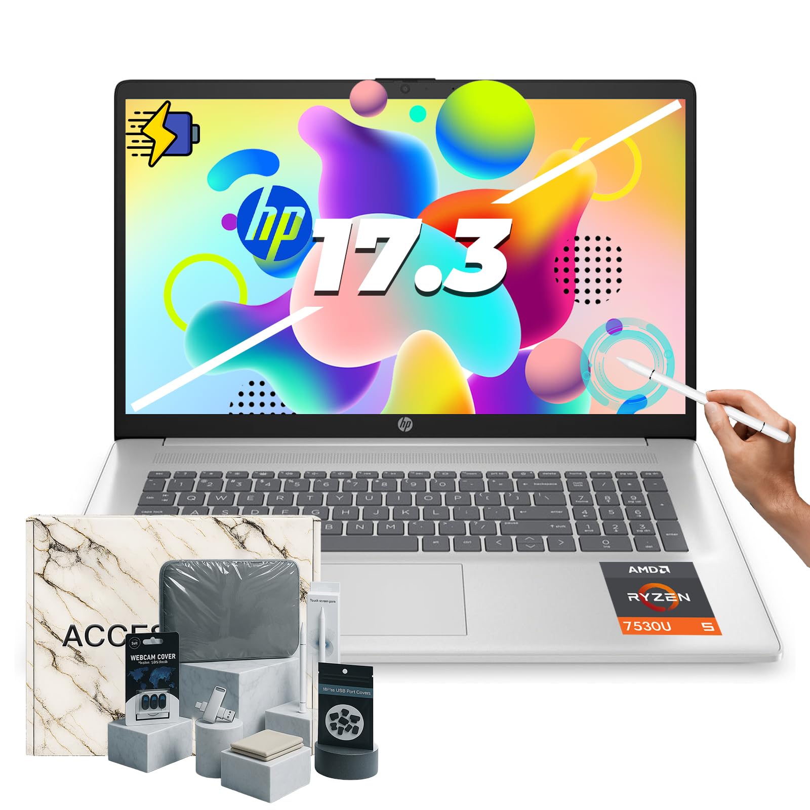 17.3-inch Flagship Touchscreen Laptop - Win 11 Pro • AI-Powered Copilot • AMD R5-7530U • 17.3" HD+ BrightView Display • Wi-Fi 6, w/Laptop Computer Accessories (64G RAM, 2TB SSD)