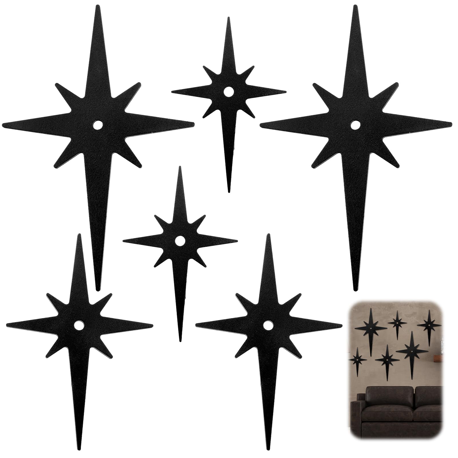 Yalikop 6 Pcs Mid Century Modern Starburst Wall Art Decor 8 Pointed Hangings Wooden Stars Whimsigoth Modern Retro Midcentury Wall Art for Home Bedroom