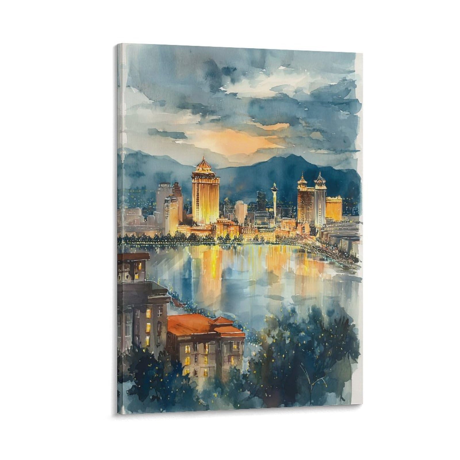 XWYMXZ Las Vegas Watercolor Lake 20x30inch(50x75cm) Vintage Travel Poster Watercolor Canvas Art