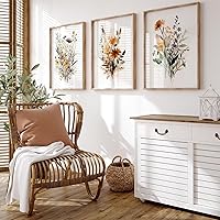Baccone Botanical Wall Art Set of 3 - Vintage Floral Wildflower Watercolor Canvas Prints 16x24 Unframed Farmhouse Decor for Bedroom Bathroom