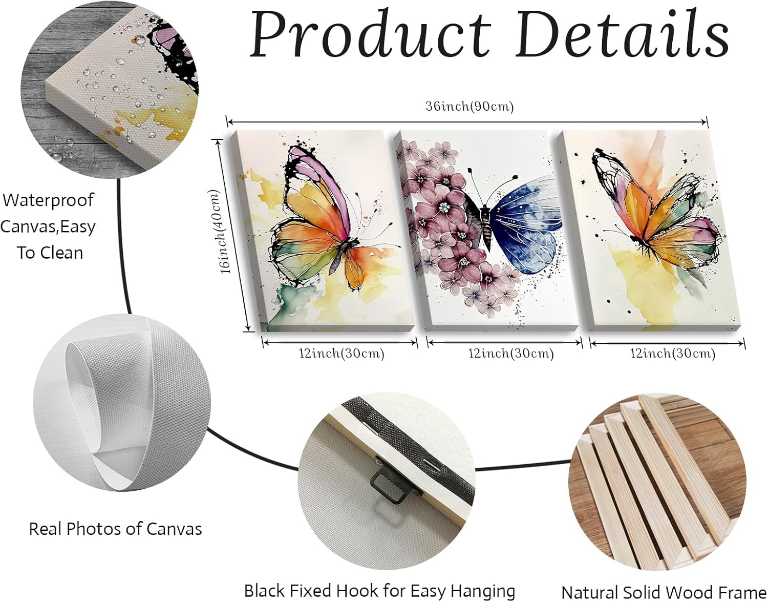 JiazuGo Butterfly Wall Art - 12x16 Inch 3-Piece Colorful Canvas Print, Modern Butterflies Painting for Girls Bedroom Nursery & Bathroom Home Decor, Ready to Hang
