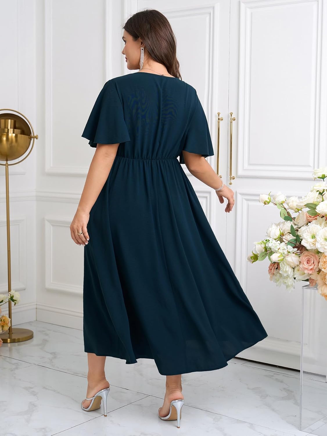 Womens Plus Size Wrap V Neck Dress Short Flutter Sleeve Pleated Empire Waist Ruffle A Line Maxi Long Dresses - Image 5