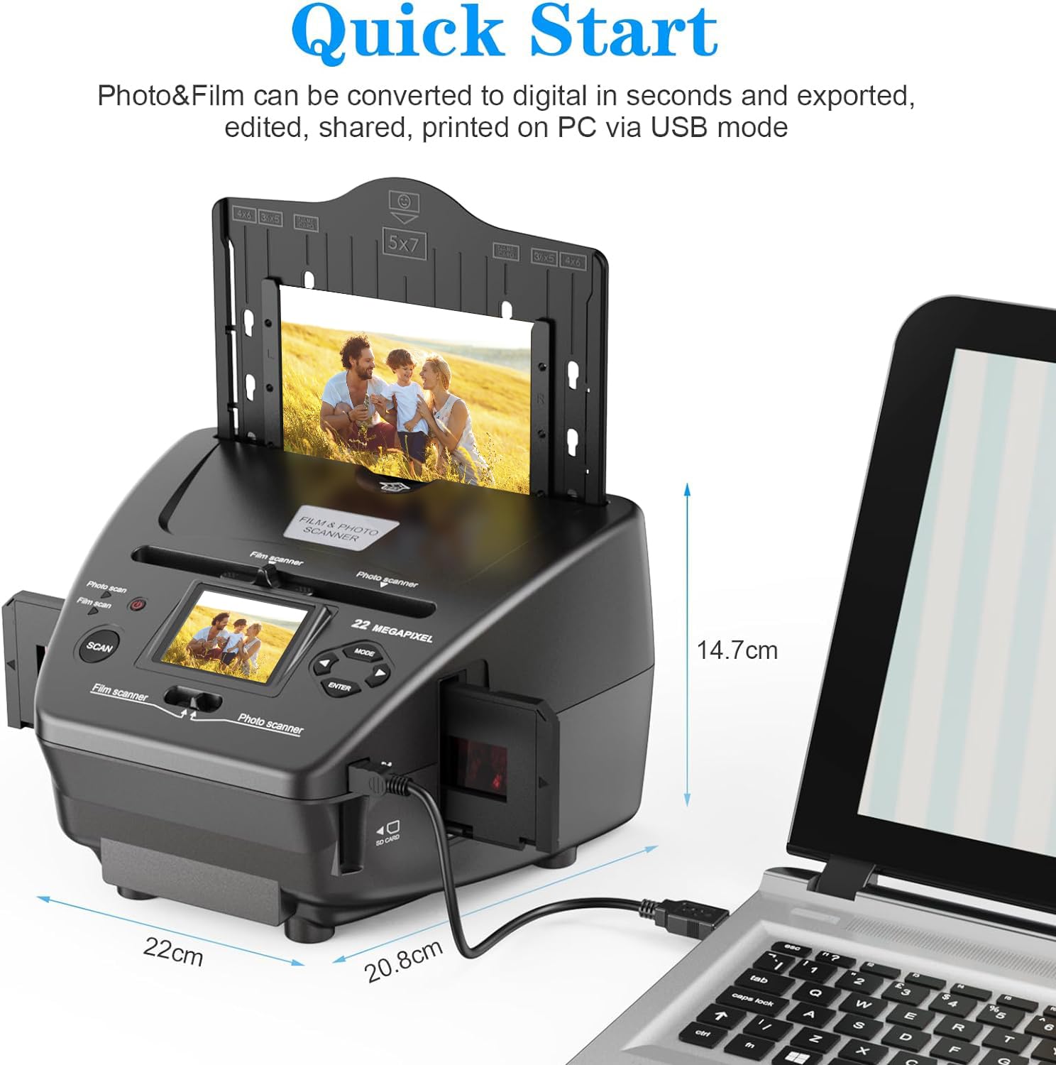 Scanner de films et photos avec écran LCD de 6,1 cm (2,4"), convertit les diapositives 135 de 35 mm / les films négatifs 135, photos, cartes de visite en images numériques de 22 MP, carte SD de 4 Go