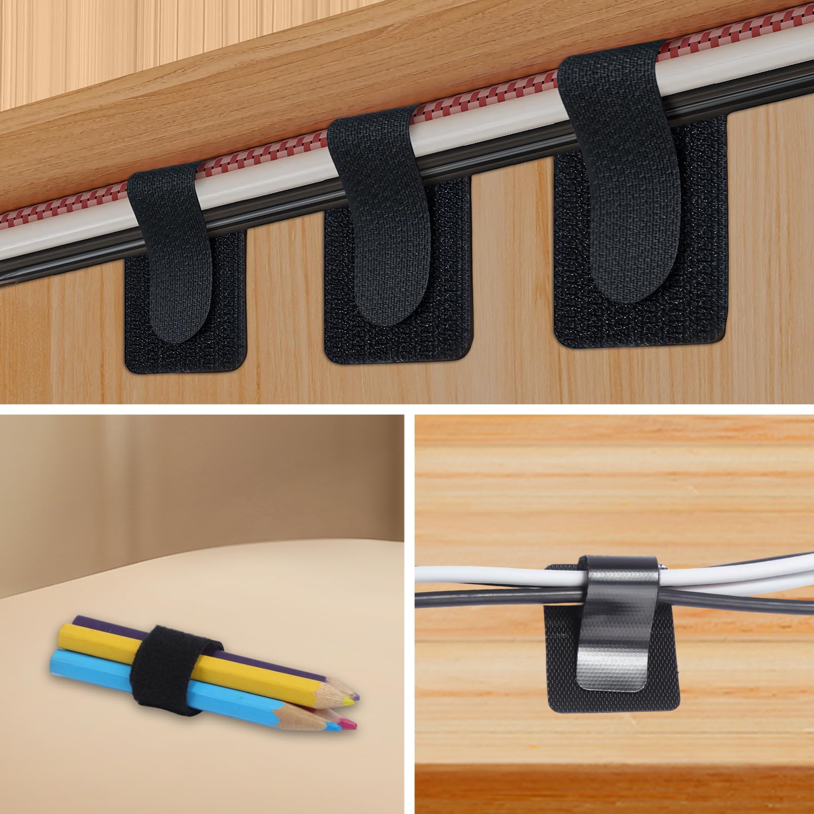 Kit de gestion de câbles 30 pièces clips plateaux autocollants réglables réutilisables noir