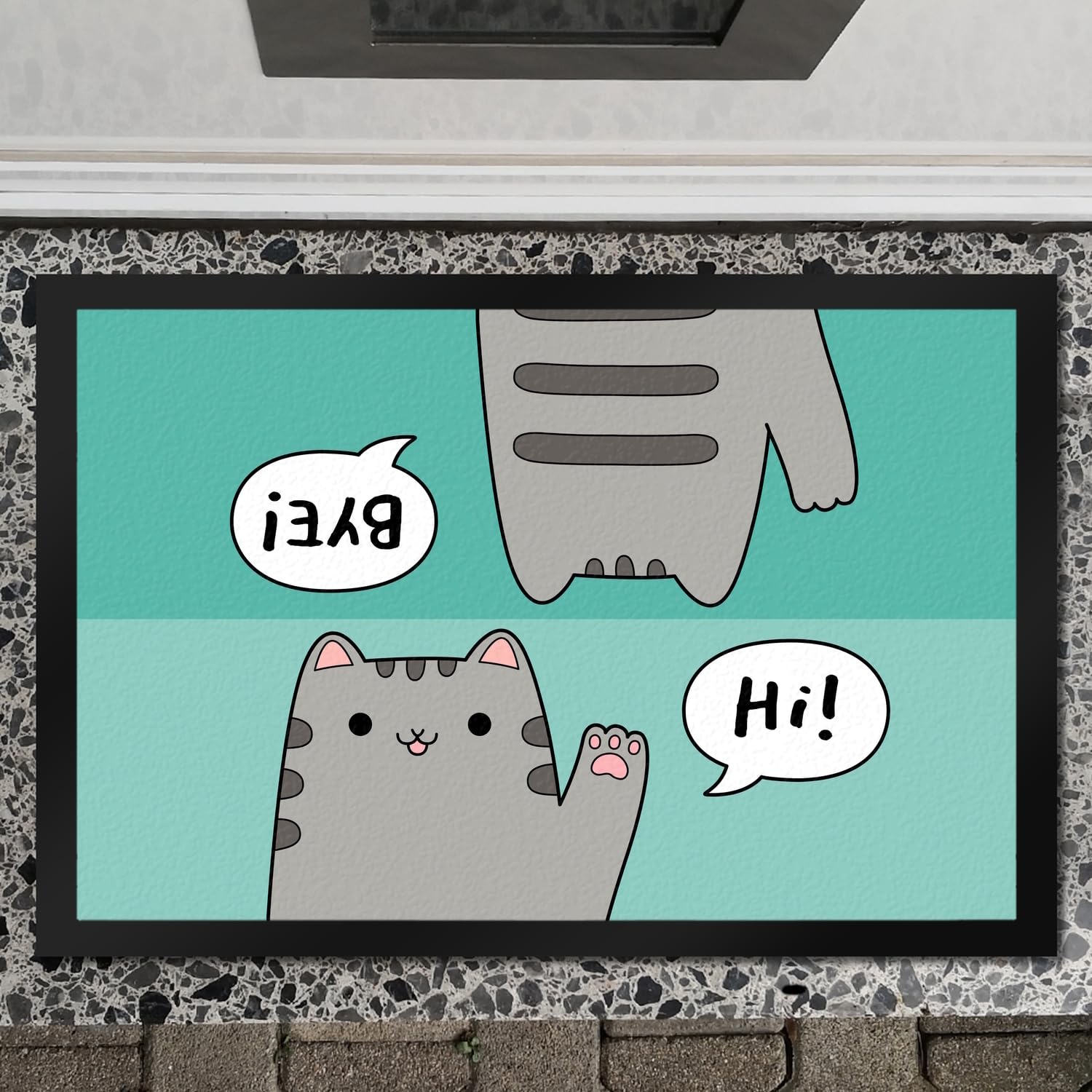 speecheese Katze Kawaii Fußmatte XXL in 50x75 cm mit Spruch Hi - Bye Neko süß Willkommen Besuch Hallo Tschüss Comic Doormat - Bezaubernde Katzenmotive für Haustür Flur Eingangsbereich