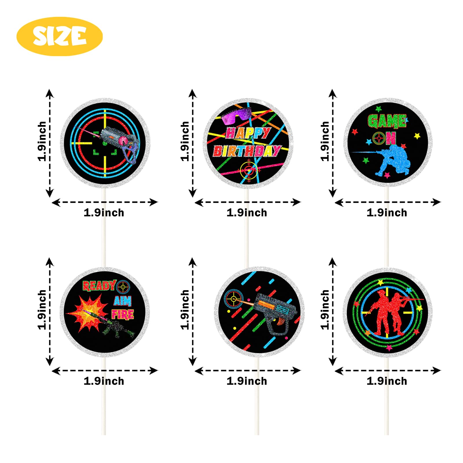 Laser Tag Cupcake Topper | 18 Stück Bunte Deko Für Geburtstagsparty | Aus Festem Karton Mit Plastikstiel | Einfach Zu Montieren