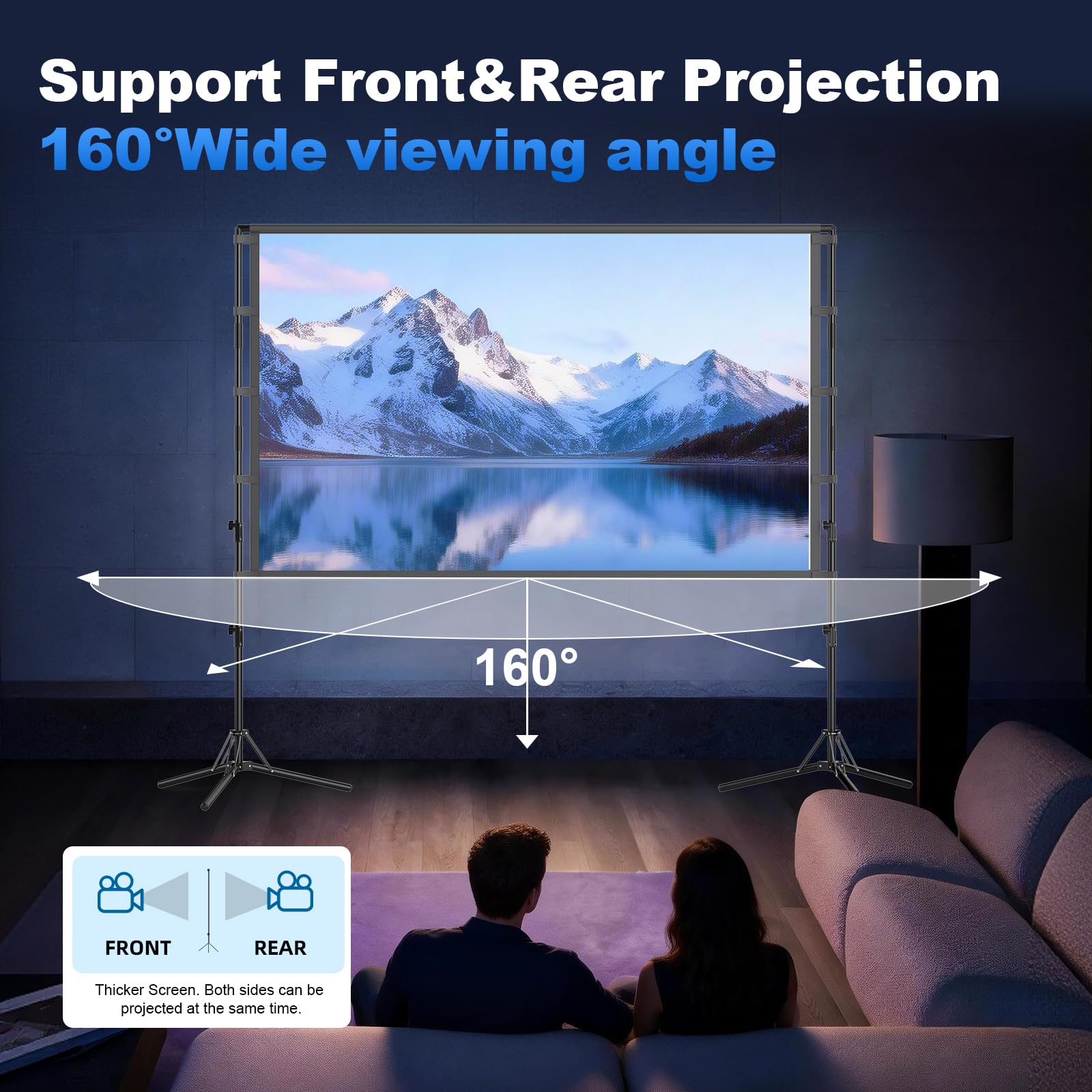 GAINVANE Écran de projection portable 120" 4K HD infroissable et léger avec support 16:9 pour intérieur et extérieur, écran de film sans plis en polyester mat, montage au sol, projection avant