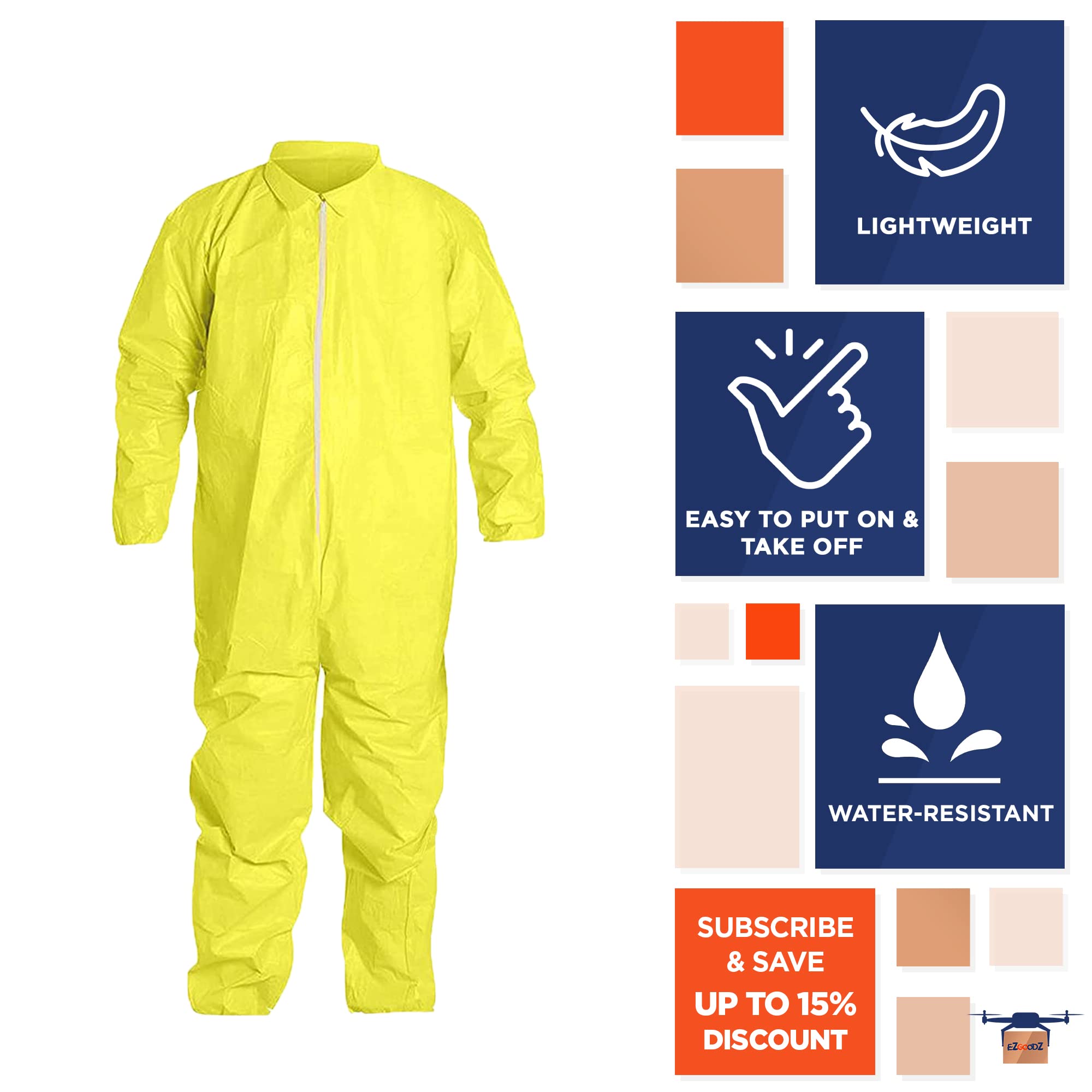 EZGOODZ Disposable Hazmat Suits, Medium. Pack of 5 Yellow 