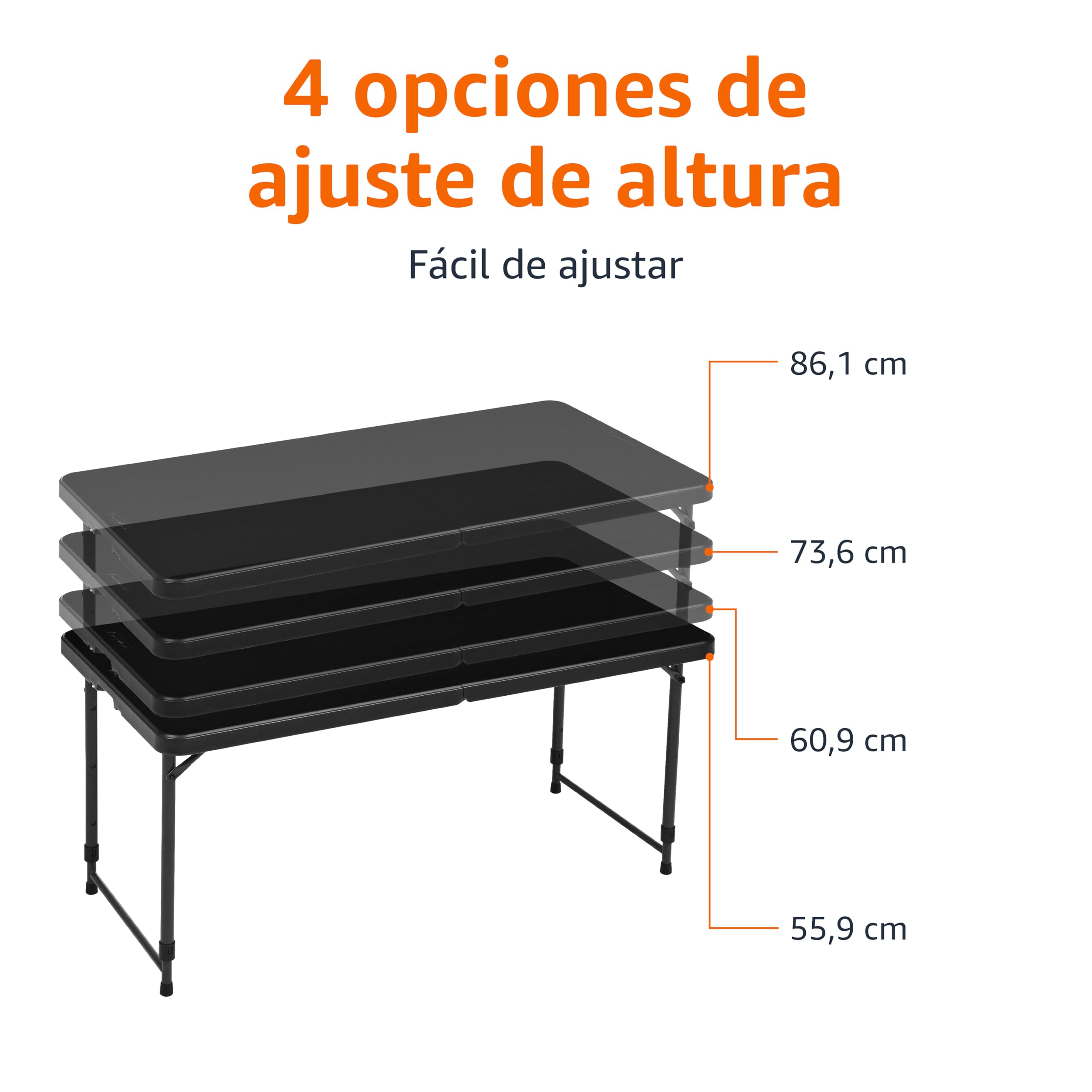 Amazon Basics Mesa Plegable Rectangular de 1.2 m, 4 ajustes de Altura, asa de Transporte, Interiores y Exteriores, portátil, Ligera, de Viaje, Picnic, Camping, Negro Lavado, 121.4 x 60.7 x 86.1 cm